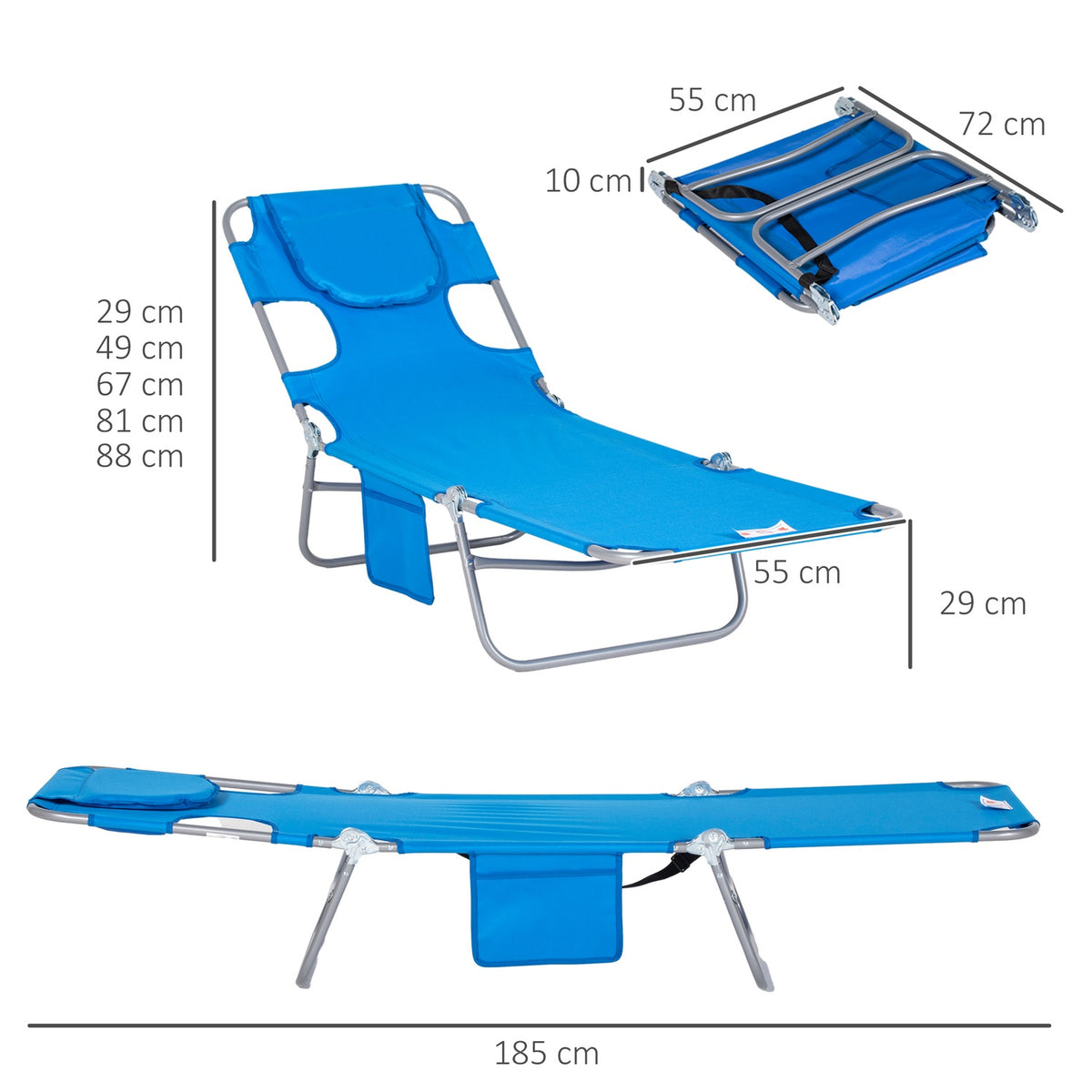 Sun lounger folding garden lounger with reading window, pillow, deck chair with 5-way adjustable backrest, weatherproof camping lounger can hold up to 120 kg, for garden beach pool, blue
