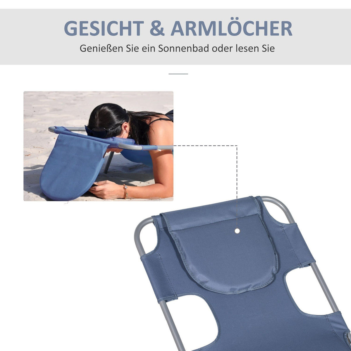 Sun lounger folding garden lounger with reading window, pillow, deck chair with 5-way adjustable backrest, weatherproof camping lounger can hold up to 120 kg, for garden beach pool, gray