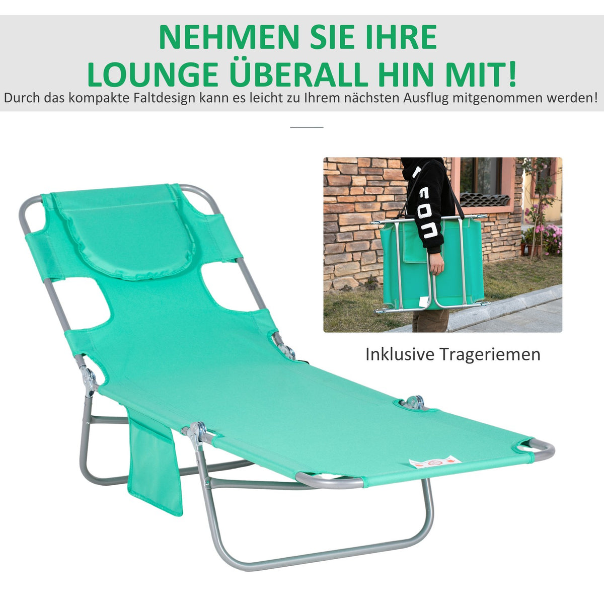 Sun lounger folding garden lounger with reading window, pillow, deck chair with 5-way adjustable backrest, weatherproof camping lounger can hold up to 120 kg, for garden beach pool, green