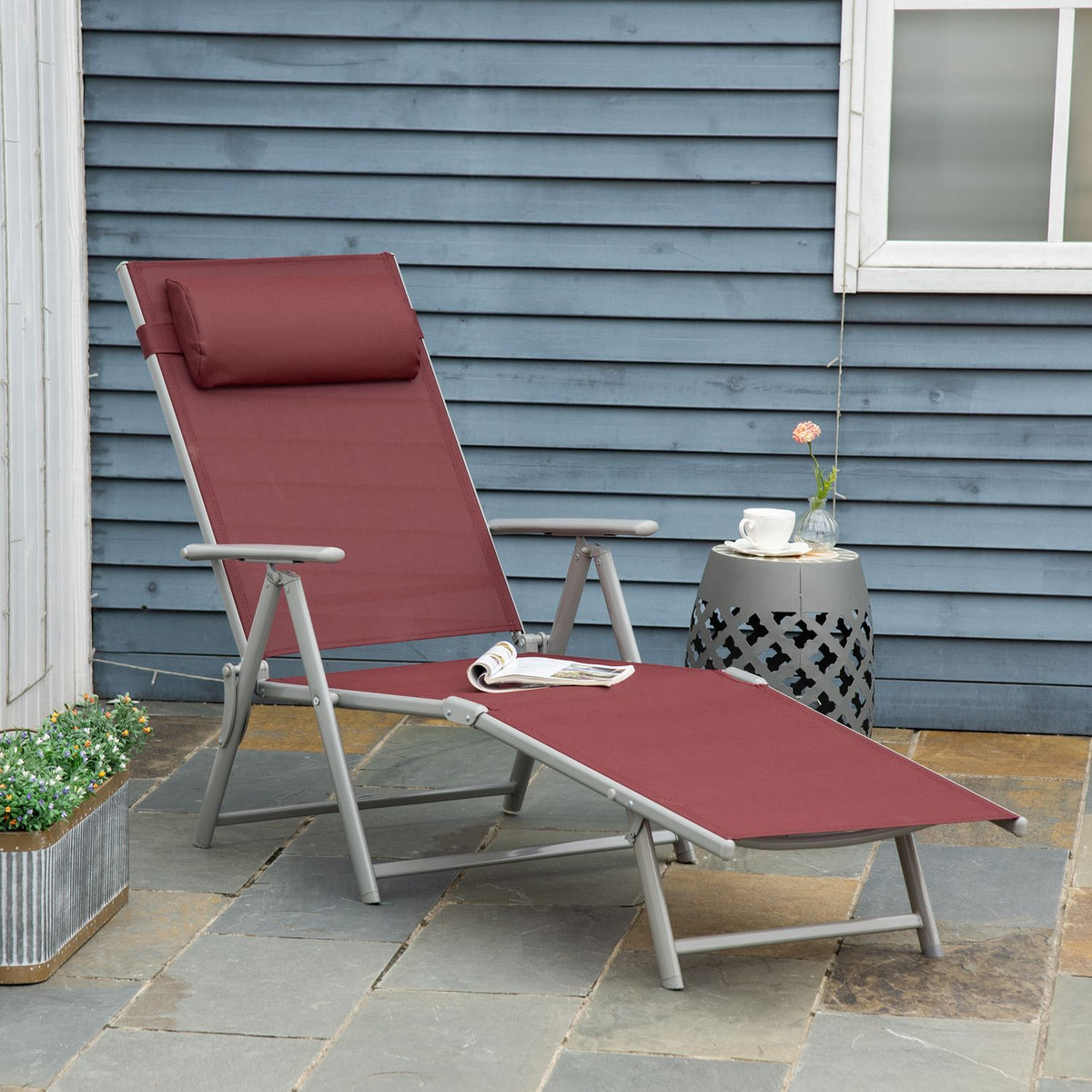 Sun lounger for balcony, 1 piece, 137 x 63.5 x 100.5 cm, with pillow, 5-level adjustable backrest, textline, aluminum, wine red