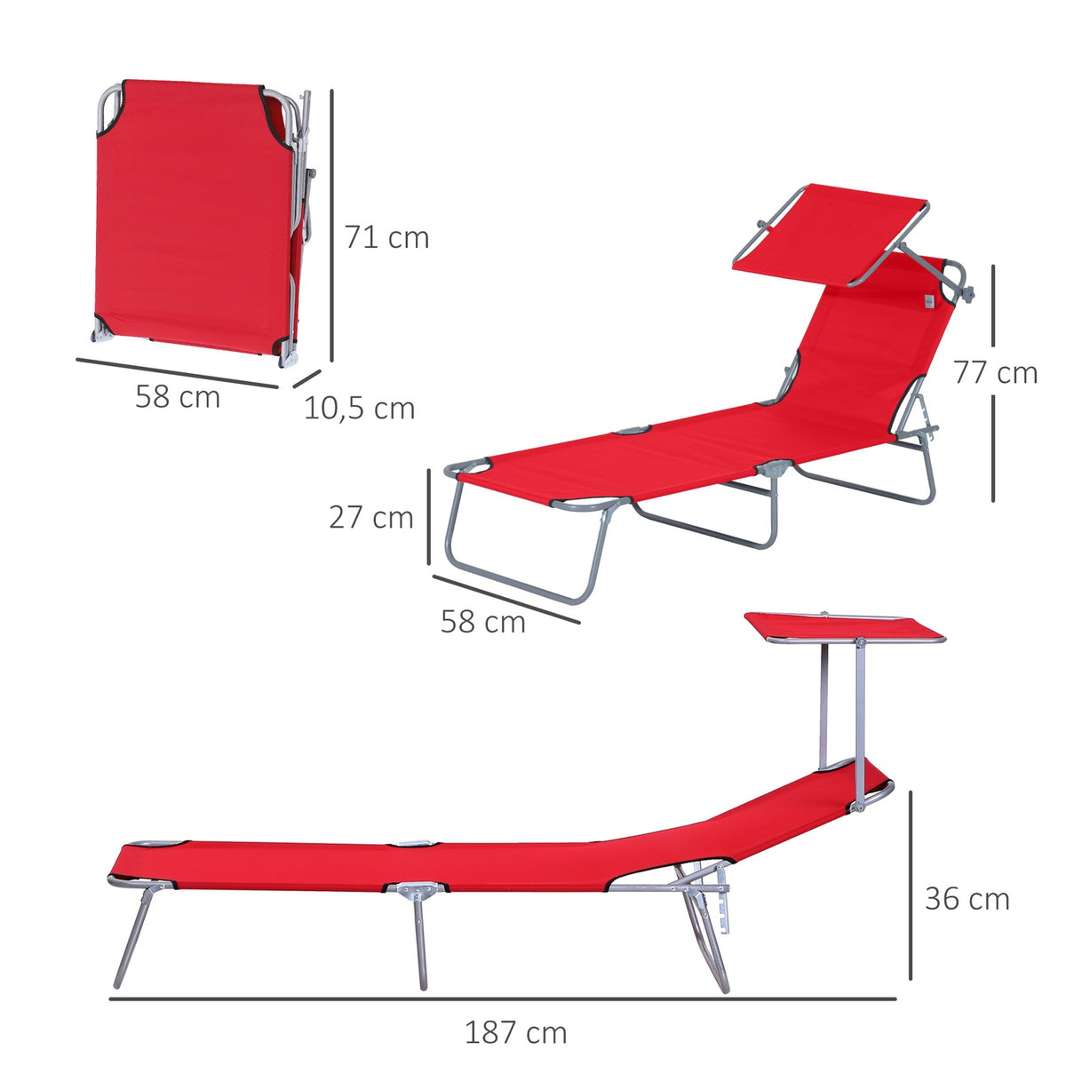 Sun lounger garden lounger foldable with sun protection, wellness lounger beach lounger in red 187 x 58 x 36 cm for relaxing hours outdoors