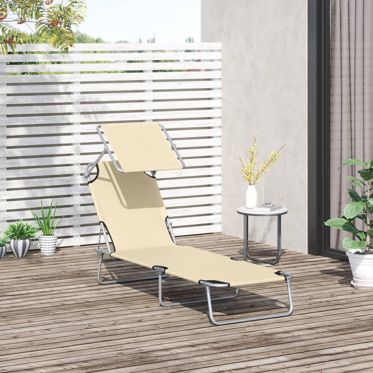 Sun lounger garden lounger wellness lounger beach lounger foldable with sun protection beige 187 x 58 x 36 cm