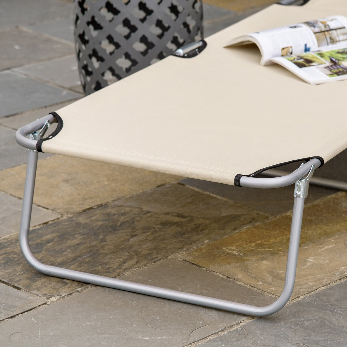 Sun lounger garden lounger wellness lounger beach lounger foldable with sun protection beige 187 x 58 x 36 cm