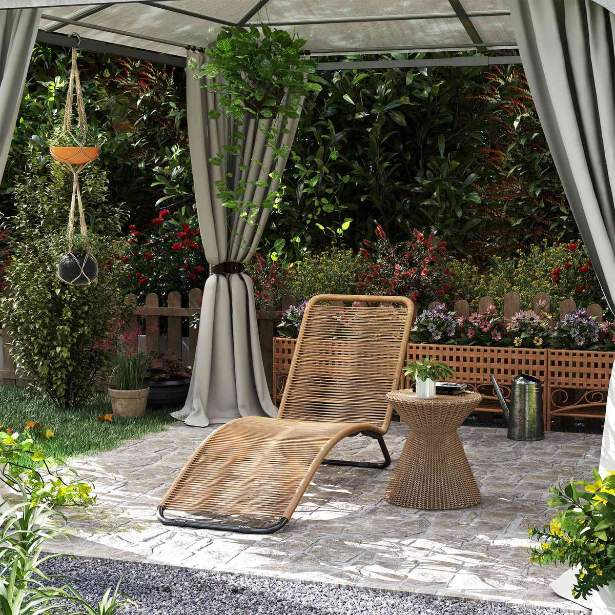 Sun lounger made of polyrattan, garden lounger with UV protection, weatherproof lounger, 120 kg load capacity, relaxation lounger, deck chair, garden furniture for garden, balcony, outdoor, 176 x 58 x 82 cm, natural wood