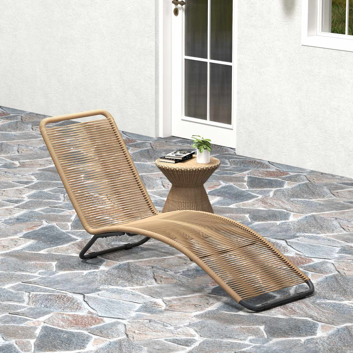 Sun lounger made of polyrattan, garden lounger with UV protection, weatherproof lounger, 120 kg load capacity, relaxation lounger, deck chair, garden furniture for garden, balcony, outdoor, 176 x 58 x 82 cm, natural wood