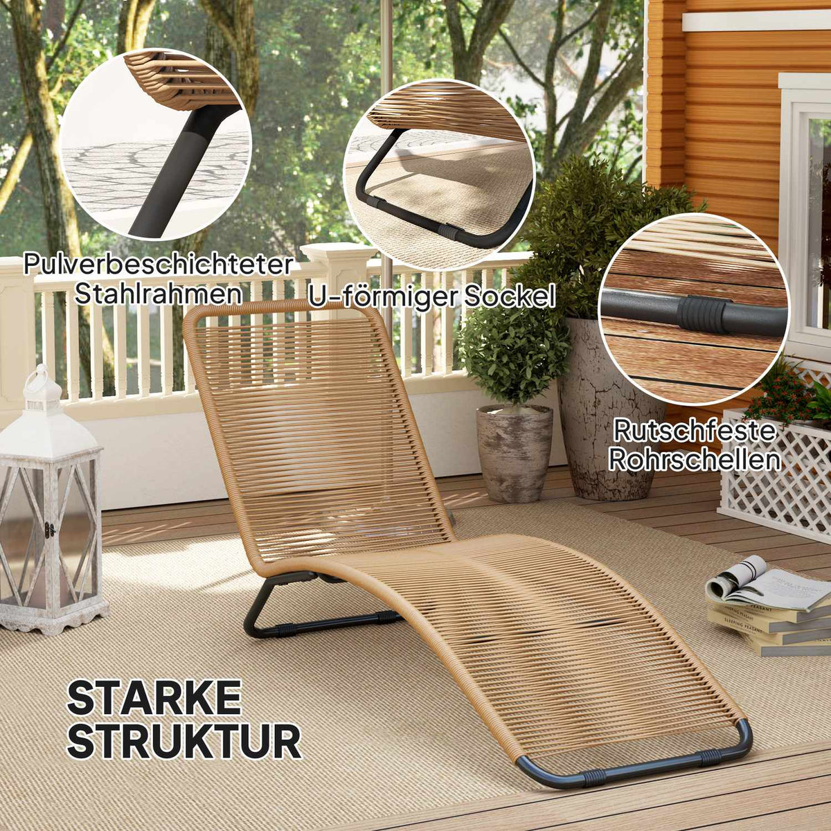 Sun lounger made of polyrattan, garden lounger with UV protection, weatherproof lounger, 120 kg load capacity, relaxation lounger, deck chair, garden furniture for garden, balcony, outdoor, 176 x 58 x 82 cm, natural wood