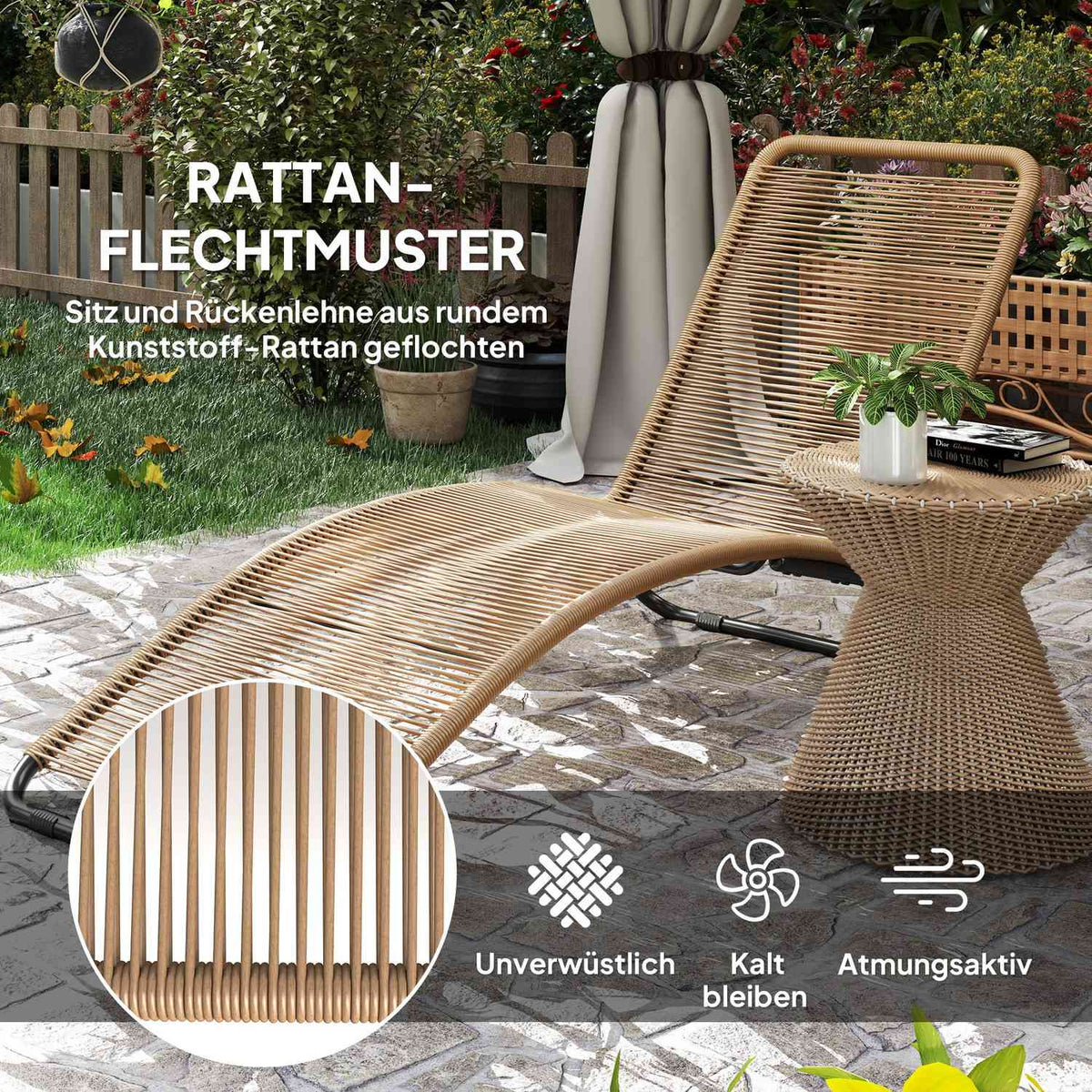 Sun lounger made of polyrattan, garden lounger with UV protection, weatherproof lounger, 120 kg load capacity, relaxation lounger, deck chair, garden furniture for garden, balcony, outdoor, 176 x 58 x 82 cm, natural wood