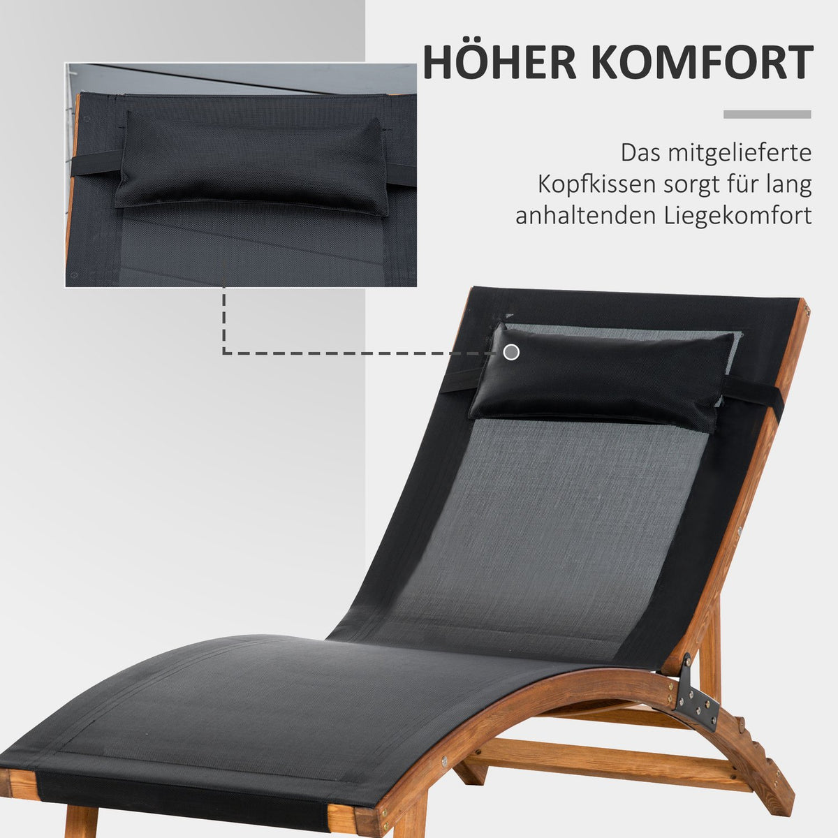 Sun lounger, weather-resistant garden lounger with adjustable backrest and pillow up to 120 kg, black, 182 x 64 x 71 cm for garden and terrace