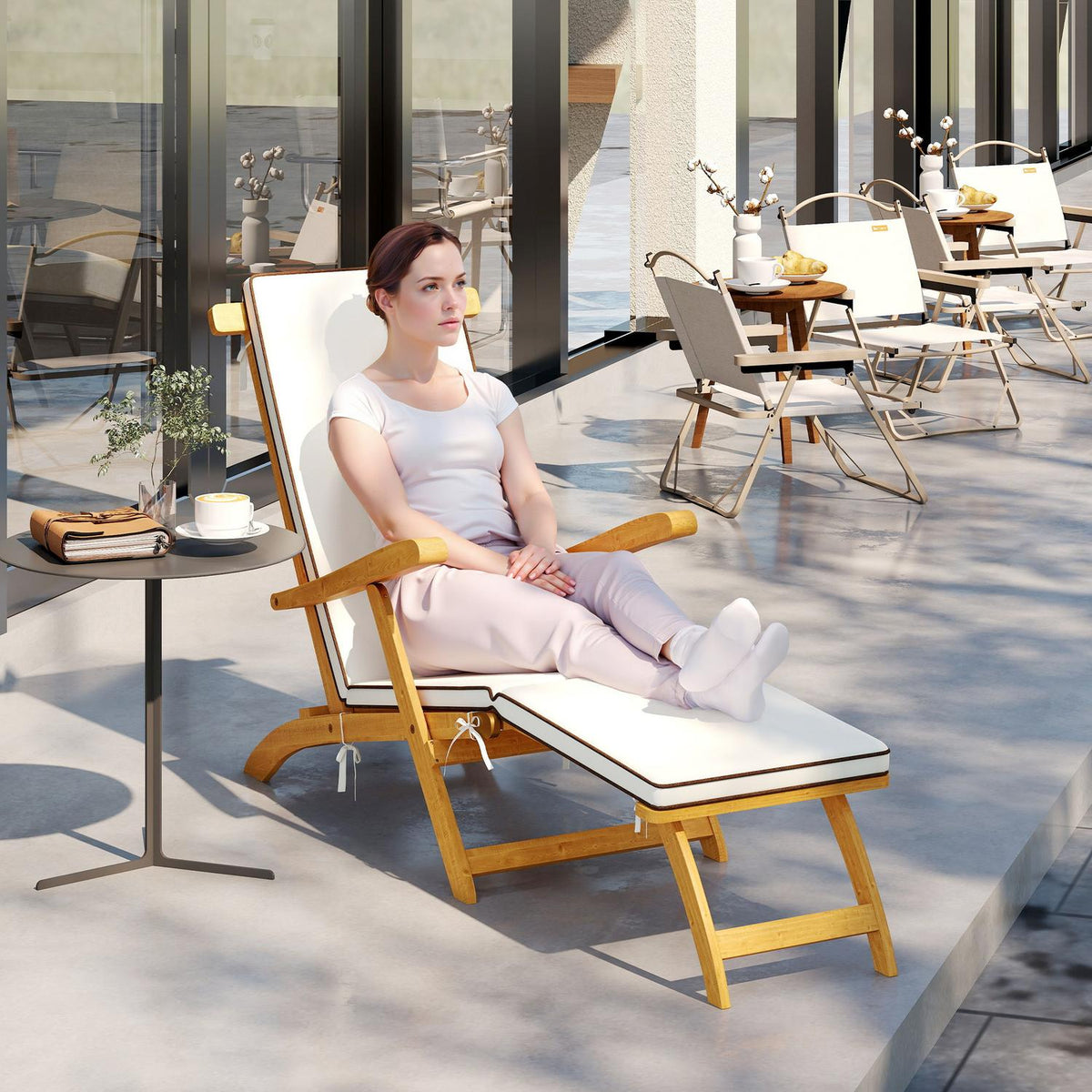 Sun lounger wooden folding garden lounger with footrest, mattress, deck chair up to 160 kg load capacity teak