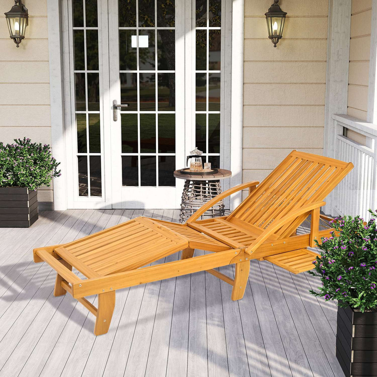Sun lounger wooden folding garden lounger with side table, roller, 4-way adjustable backrest teak