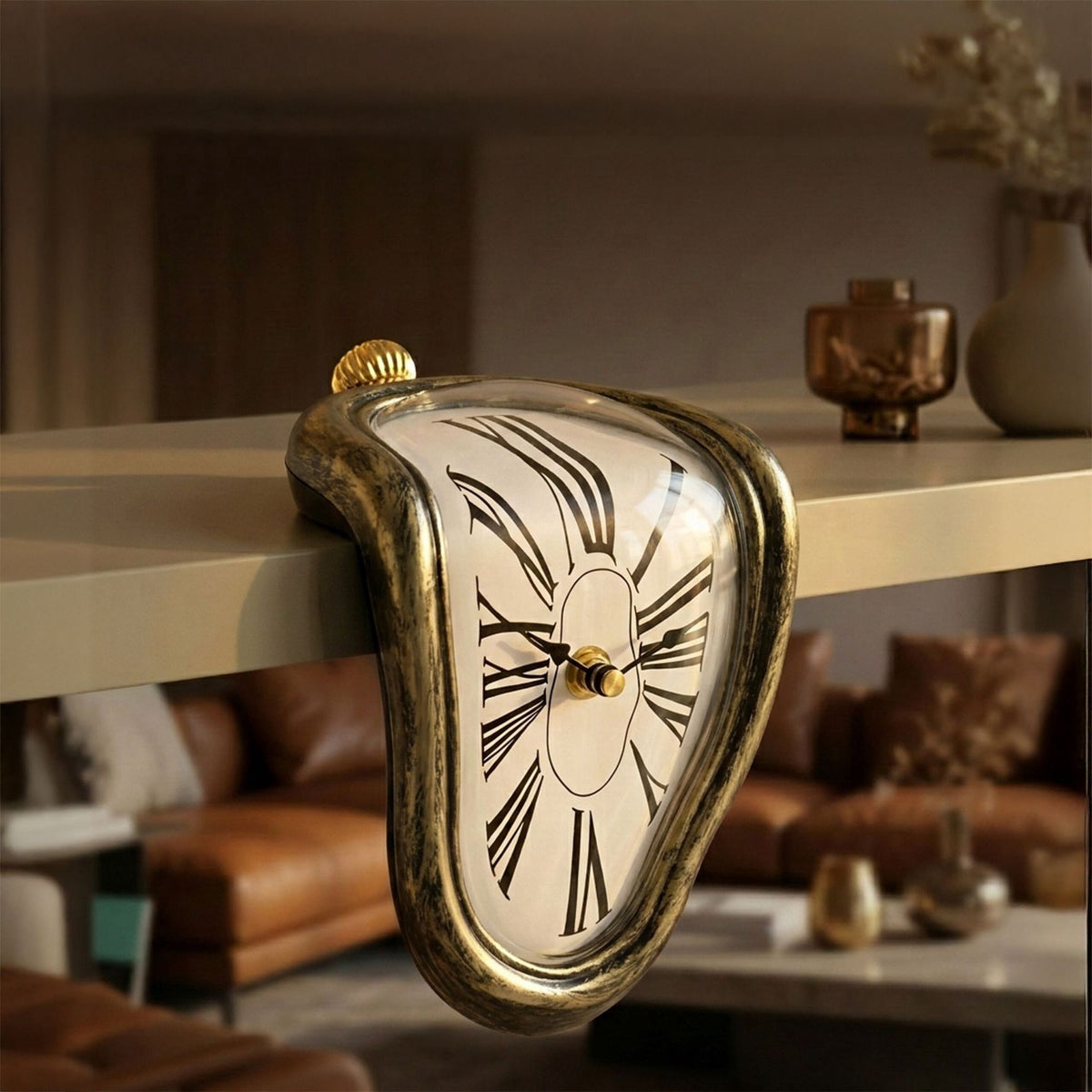 Surrealist Bronze Table Clock – Curved Design, 16cm