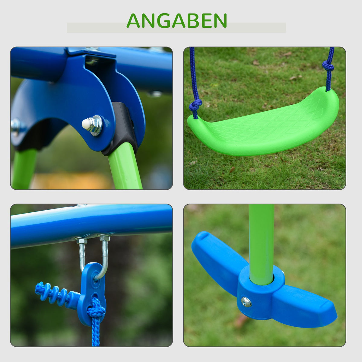 Swing 3 swing devices with 2 swings and face to face dim. 2.8L x 1.4W x 1.78H m Epoxy Metal Corrosion Protection PE Green Blue |