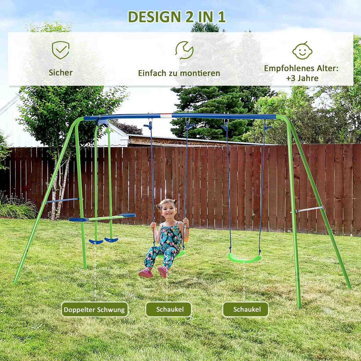 Swing 3 swing devices with 2 swings and face to face dim. 2.8L x 1.4W x 1.78H m Epoxy Metal Corrosion Protection PE Green Blue |
