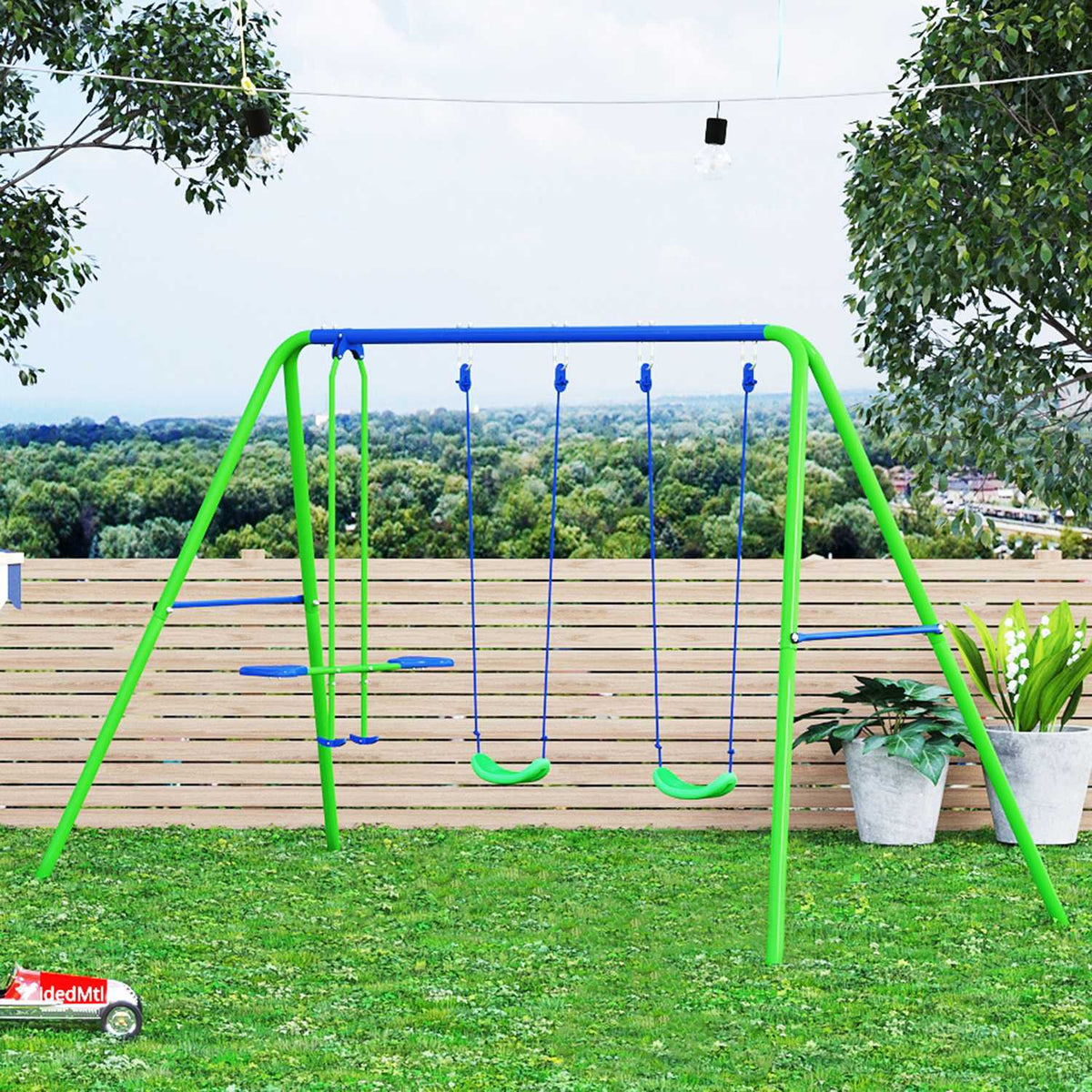 Swing 3 swing devices with 2 swings and face to face dim. 2.8L x 1.4W x 1.78H m Epoxy Metal Corrosion Protection PE Green Blue |