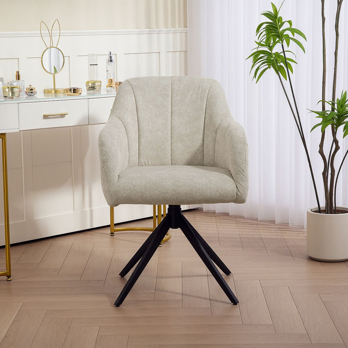 Swivel Accent Chair, Fabric Upholstery, Steel Legs, Beige