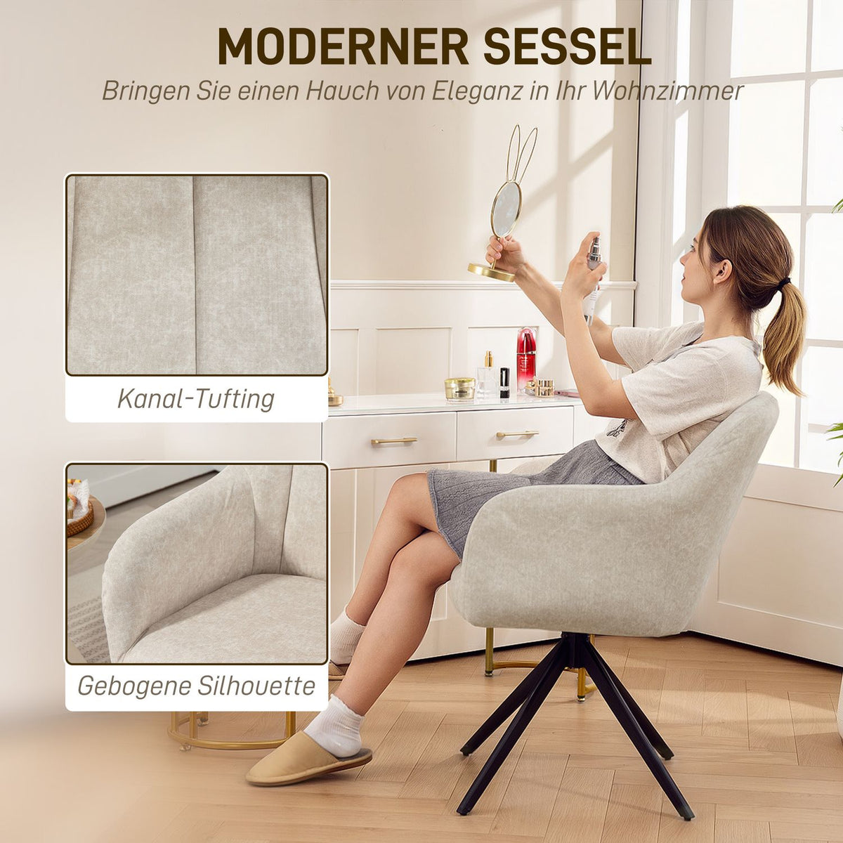 Swivel Accent Chair, Fabric Upholstery, Steel Legs, Beige