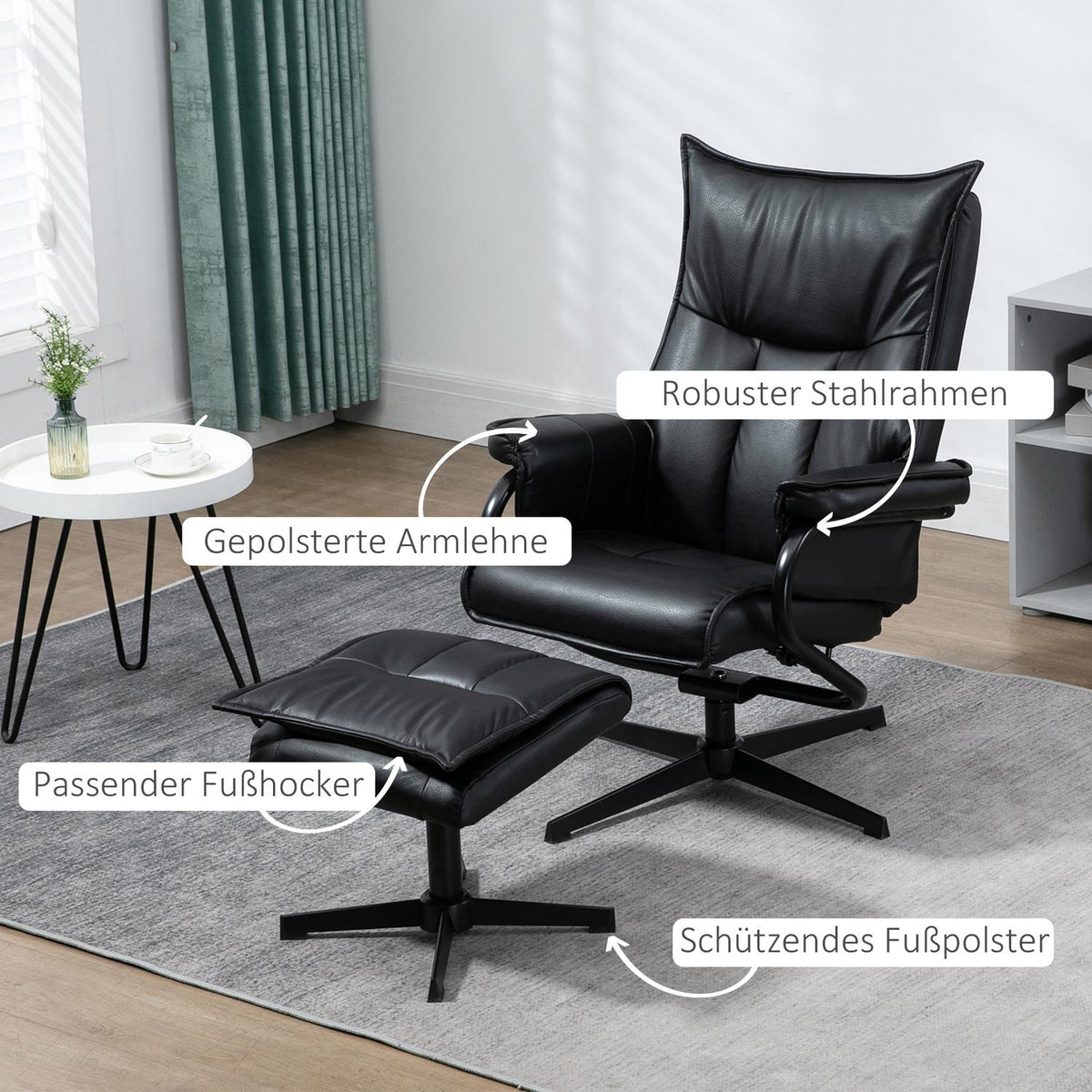 Swivel Armchair With Reclining Function, Tv Armchair, Relaxation Armchair With Stool, Tilting Backrest, Faux Leather, Steel, Black