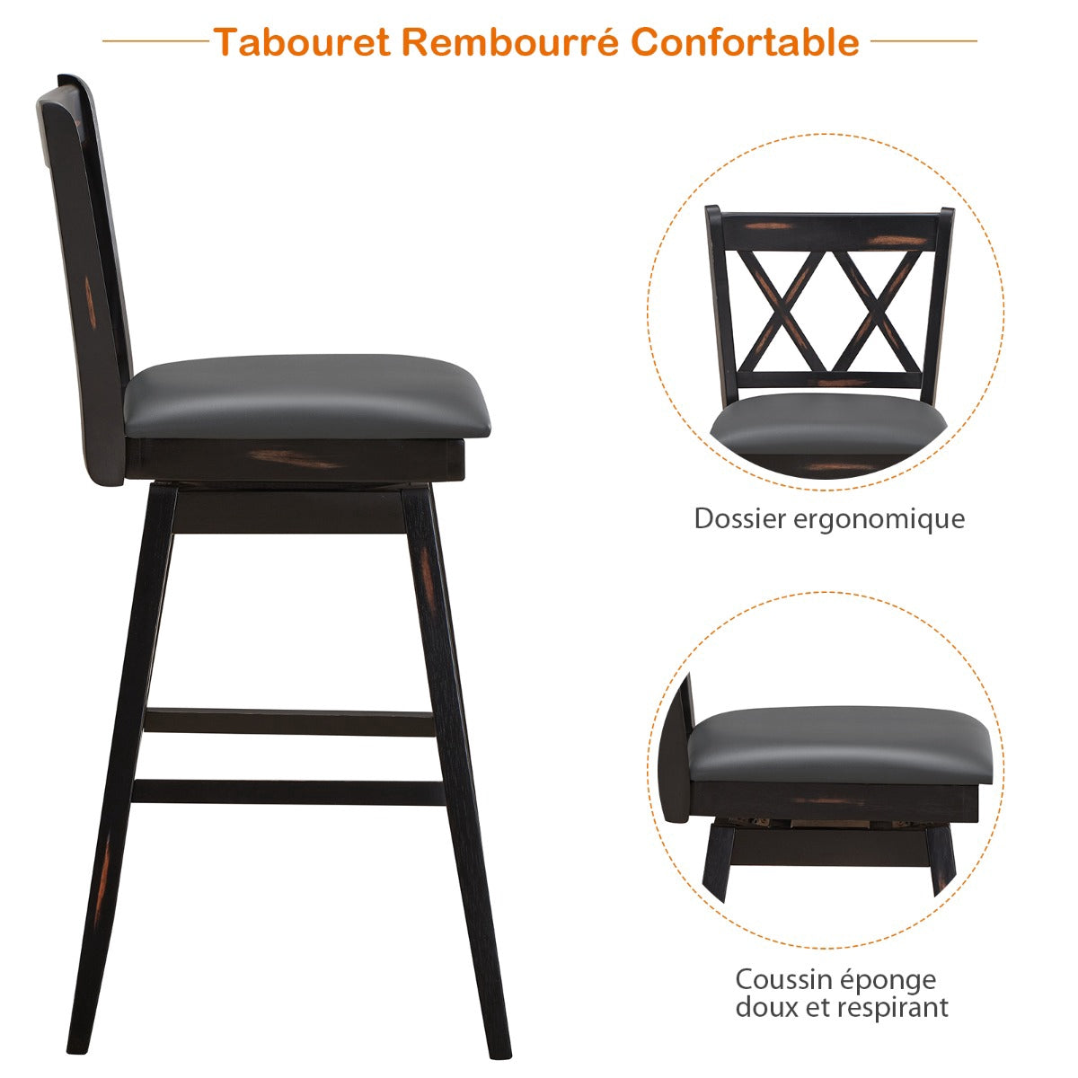 Swivel Bar Stools Set Of 2, Rubberwood, PVC Seat