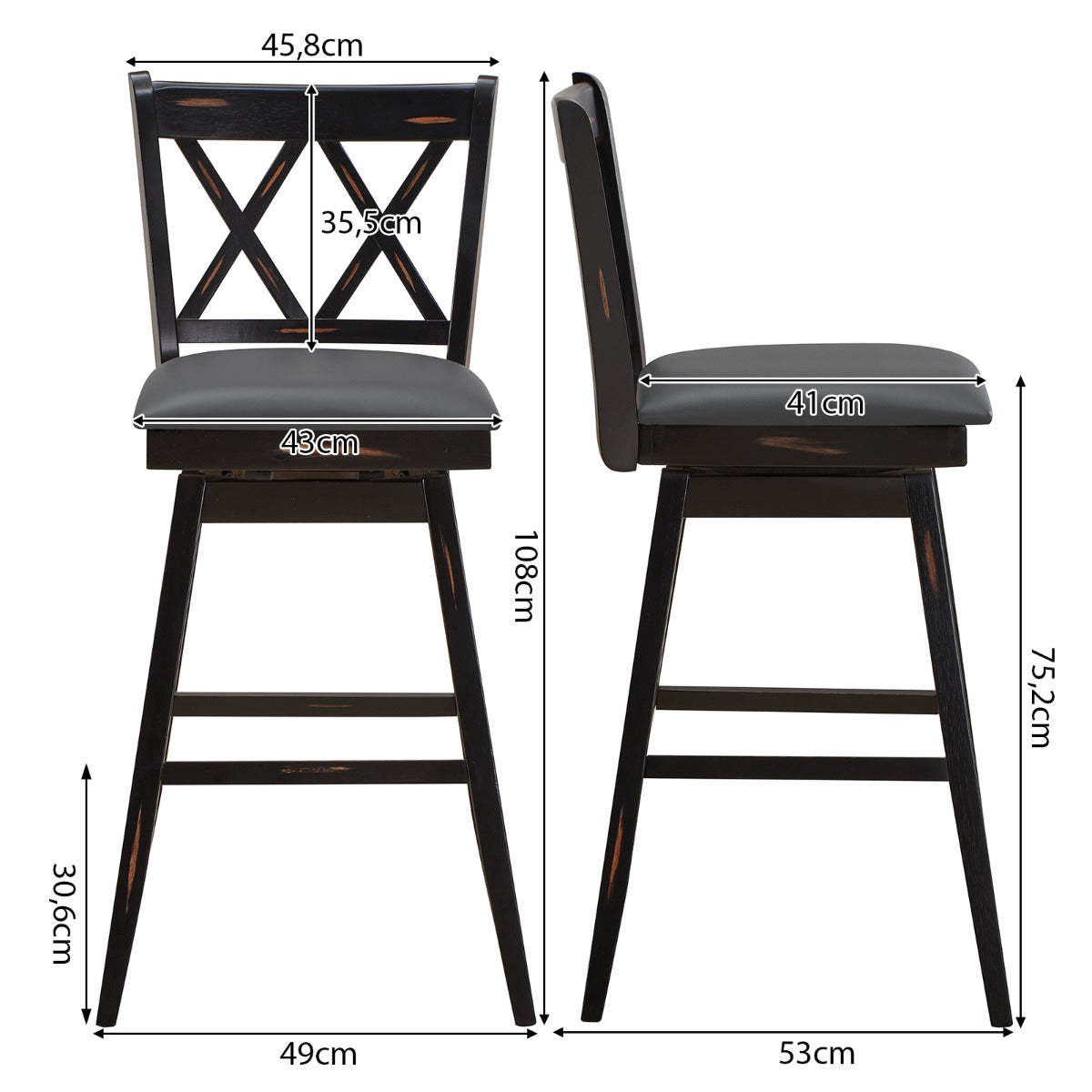 Swivel Bar Stools Set Of 2, Rubberwood, PVC Seat