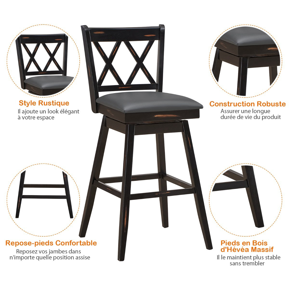 Swivel Bar Stools Set Of 2, Rubberwood, PVC Seat