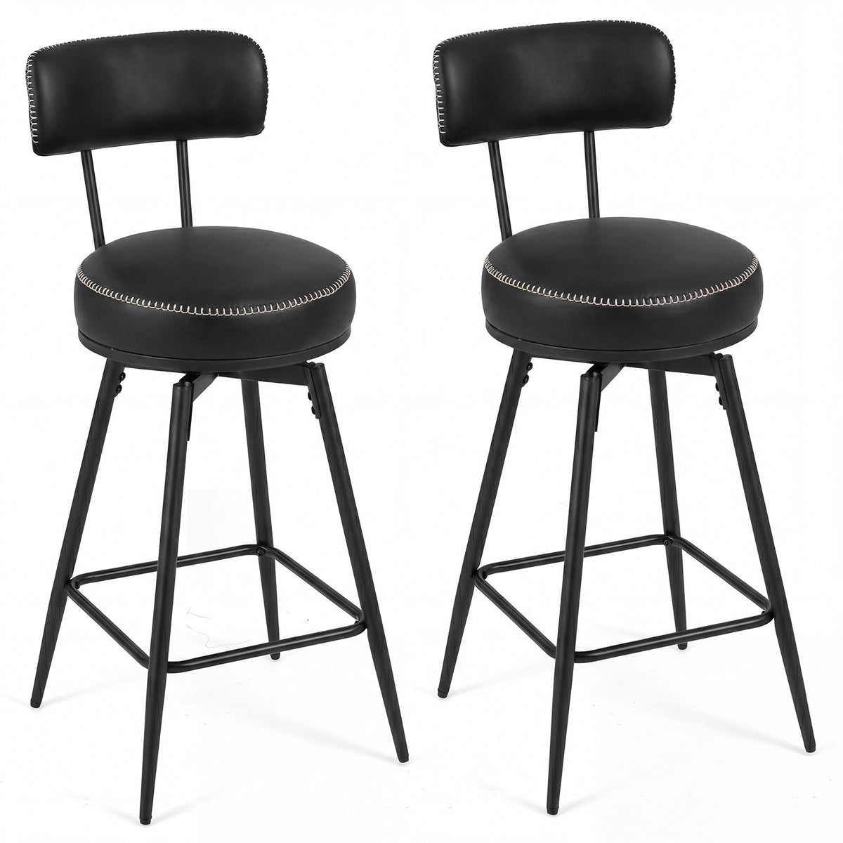 Swivel Bar Stools Set of 2, Black Faux Leather, 360 Rotation
