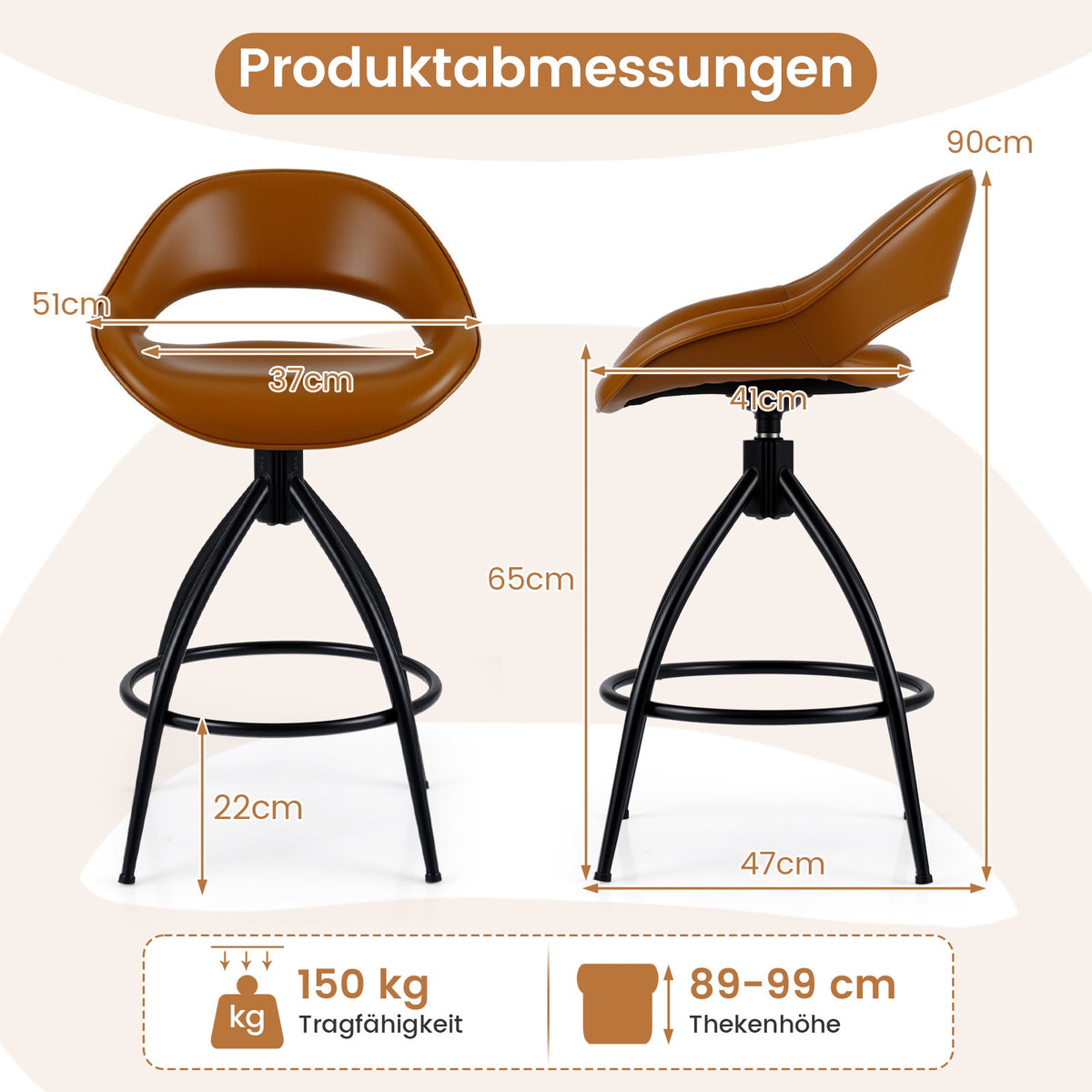 Swivel Bar Stools Set of 2, Padded Faux Leather, 360 Rotation