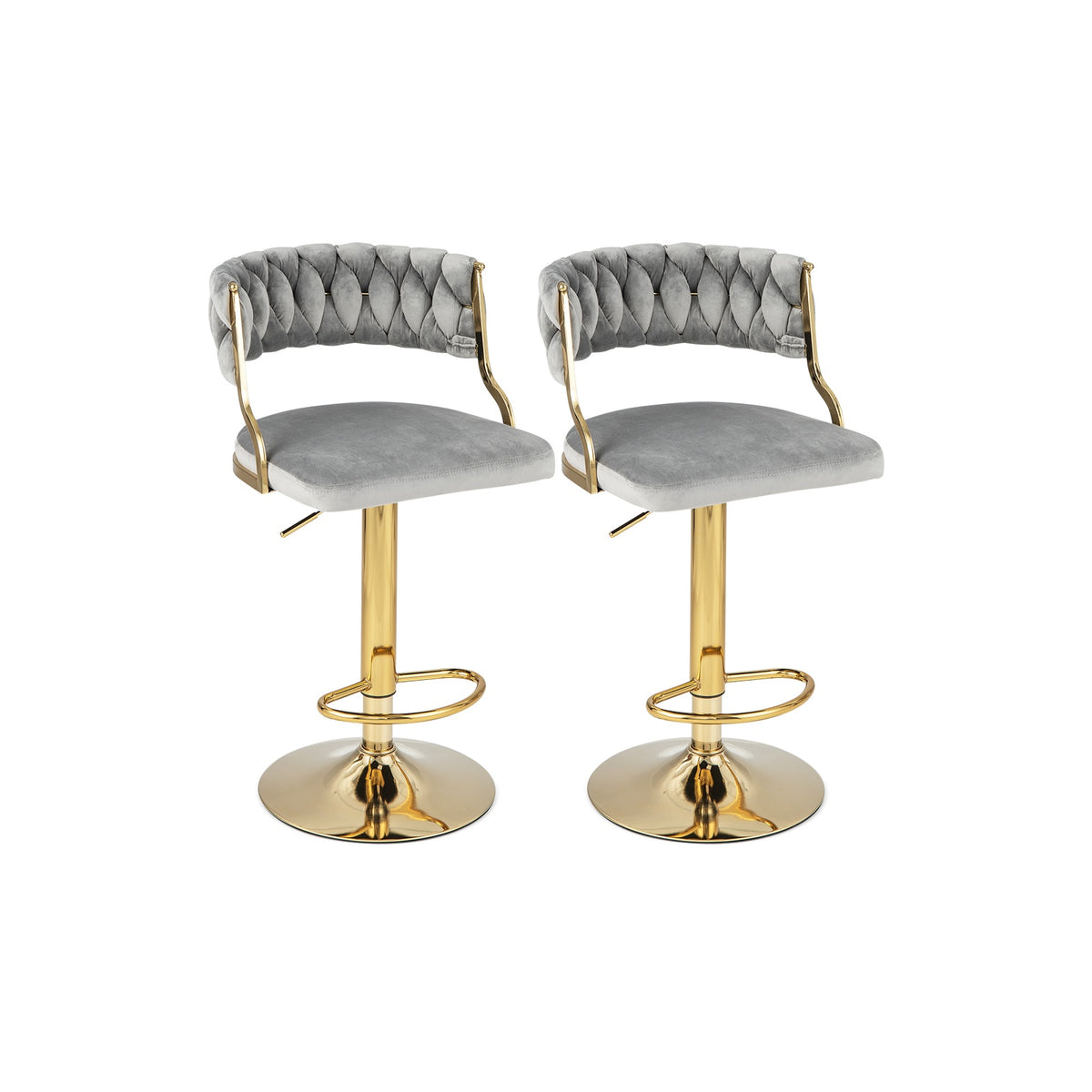 Swivel Bar Stools Set of 2, Woven Back, Gray Gold, 24-32 Inch