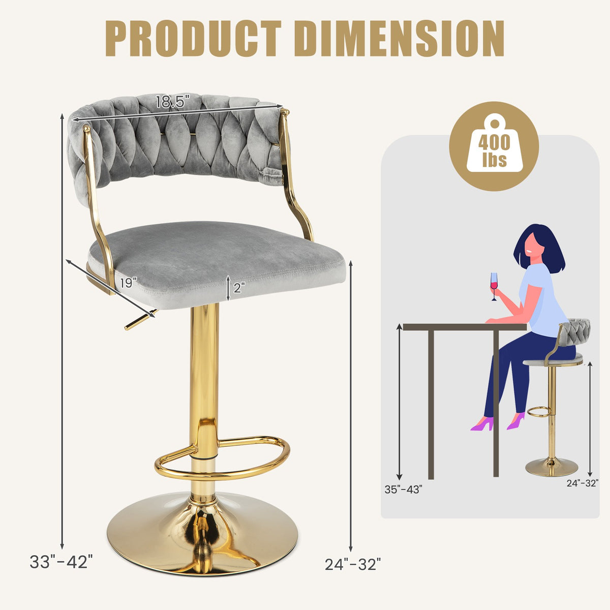 Swivel Bar Stools Set of 2, Woven Back, Gray Gold, 24-32 Inch