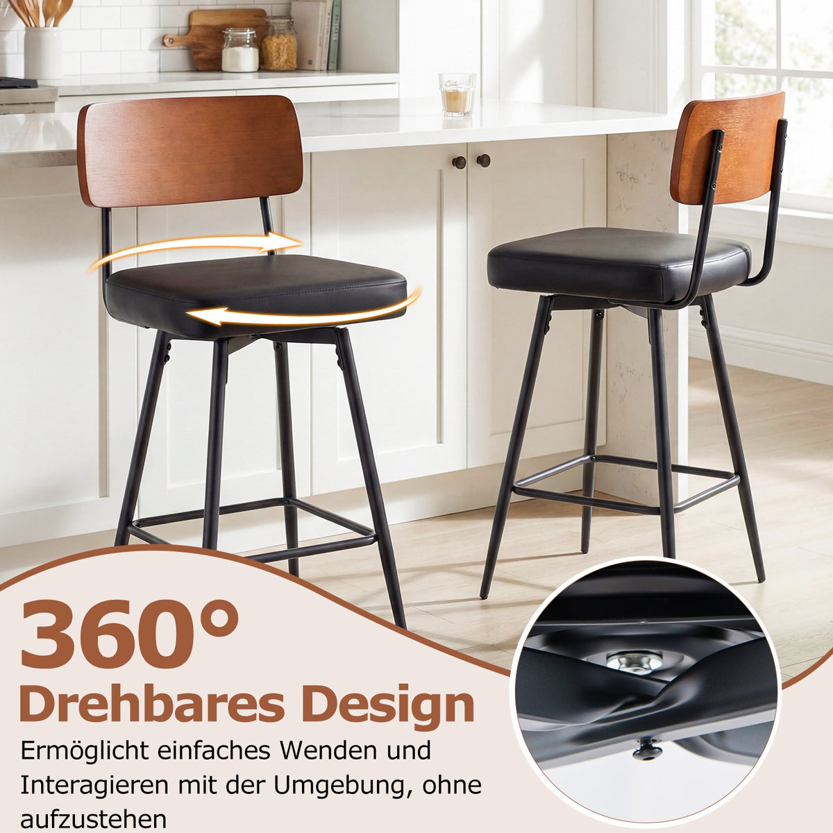 Swivel Bar Stools Set of 2 with Padded Backrest, Black