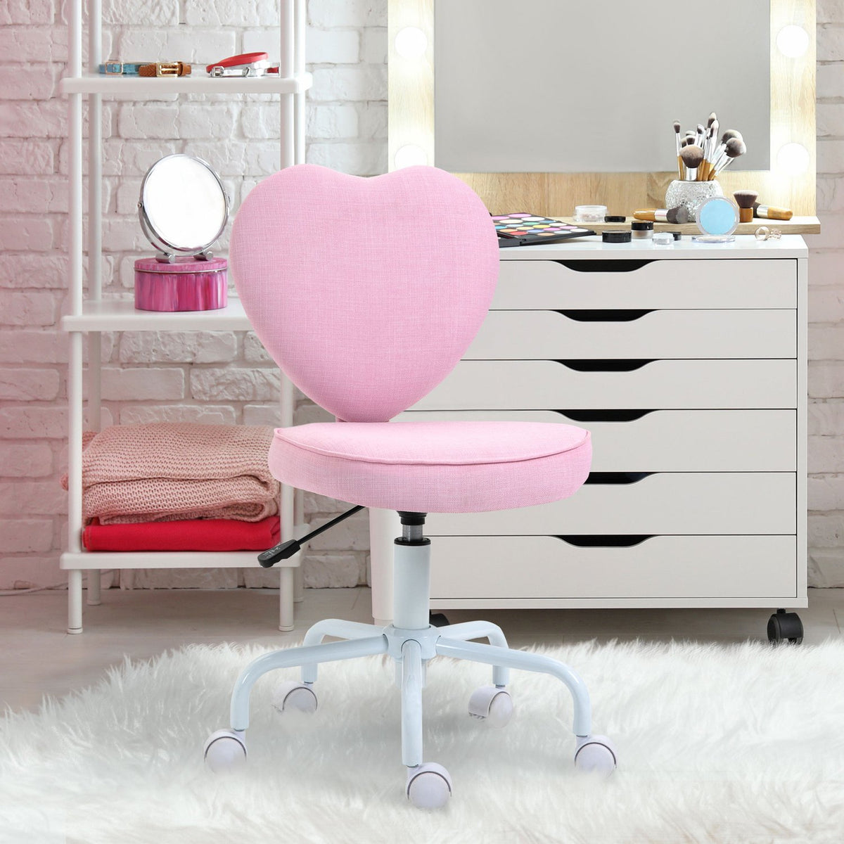 Swivel Chair Executive Chair Computer Chair Seat Height Adjustment Cute Heart-Shaped Padding Pink Linen Fabric 40 X 50 X 79-89 Cm
