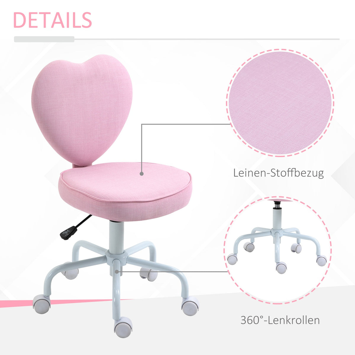 Swivel Chair Executive Chair Computer Chair Seat Height Adjustment Cute Heart-Shaped Padding Pink Linen Fabric 40 X 50 X 79-89 Cm