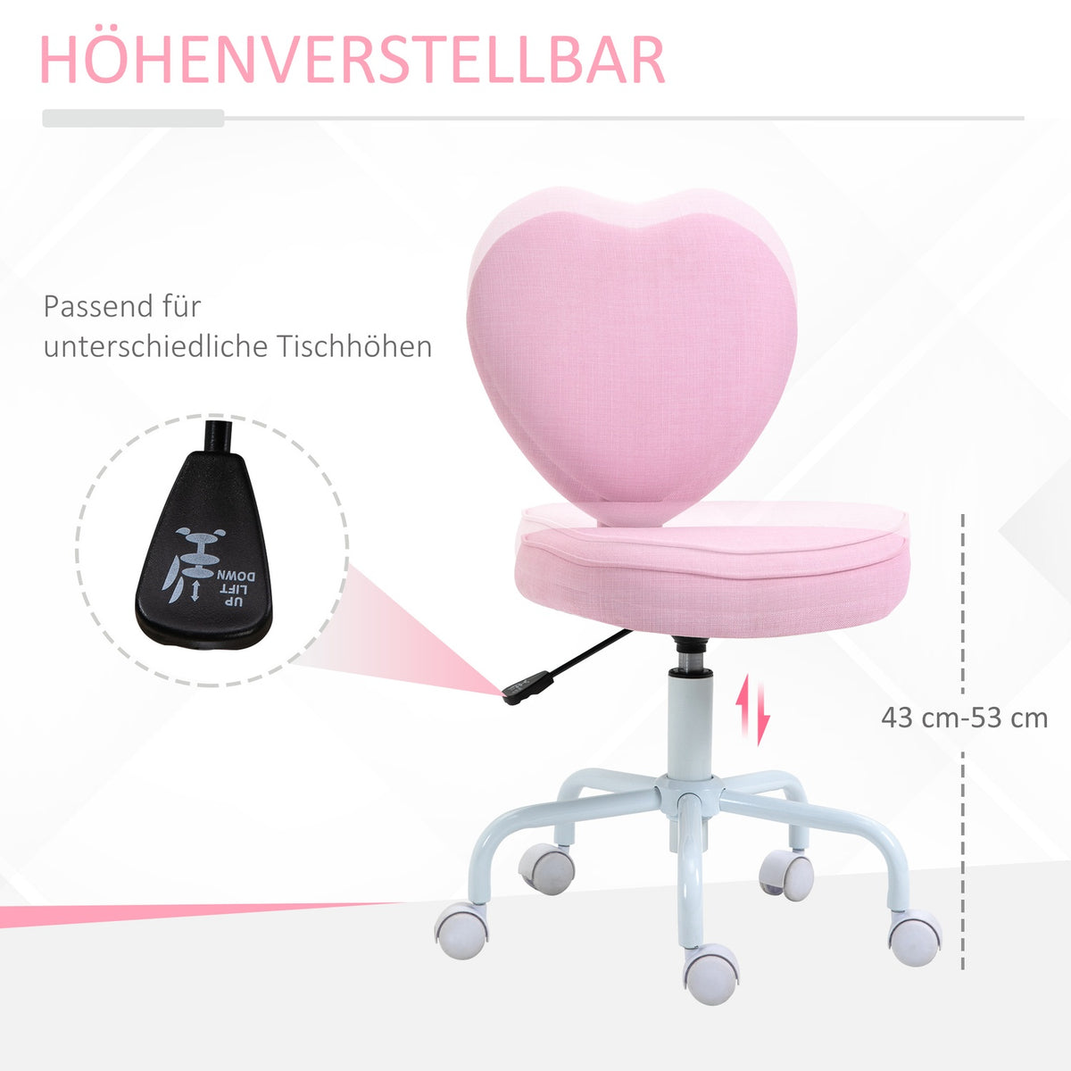 Swivel Chair Executive Chair Computer Chair Seat Height Adjustment Cute Heart-Shaped Padding Pink Linen Fabric 40 X 50 X 79-89 Cm