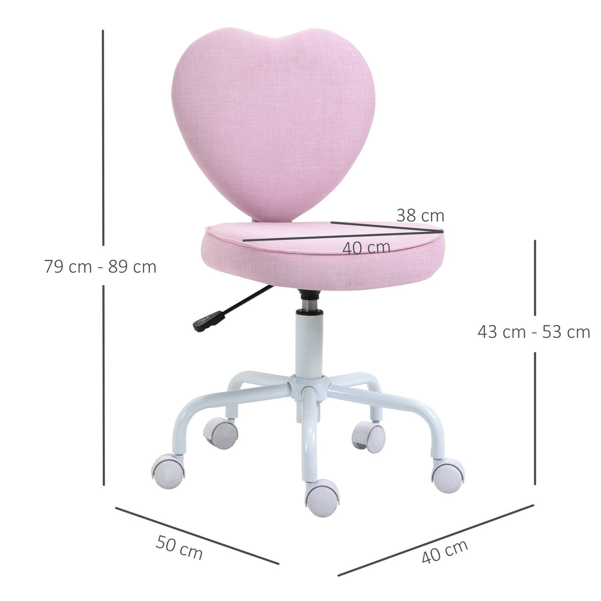 Swivel Chair Executive Chair Computer Chair Seat Height Adjustment Cute Heart-Shaped Padding Pink Linen Fabric 40 X 50 X 79-89 Cm