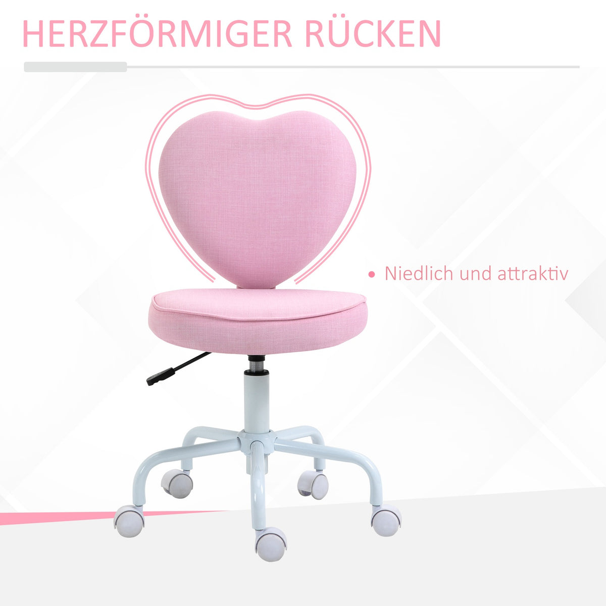 Swivel Chair Executive Chair Computer Chair Seat Height Adjustment Cute Heart-Shaped Padding Pink Linen Fabric 40 X 50 X 79-89 Cm