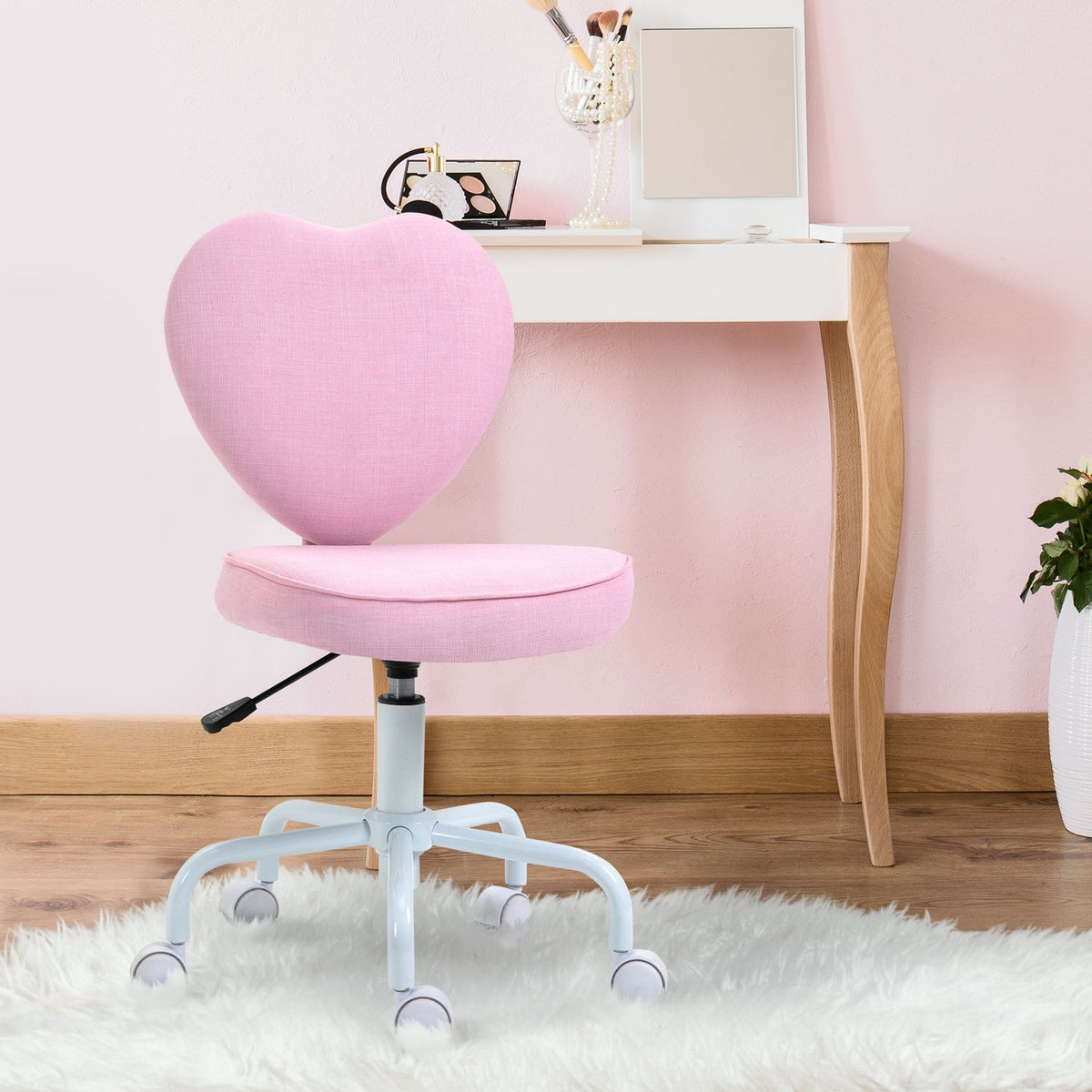 Swivel Chair Executive Chair Computer Chair Seat Height Adjustment Cute Heart-Shaped Padding Pink Linen Fabric 40 X 50 X 79-89 Cm