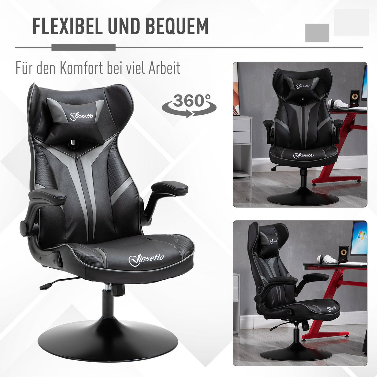 Swivel Chair Gaming Chair With Rocker Function Ergonomic Height Adjustable With Rocker Function Steel Black + Gray 67 X 75 X 106-112 Cm