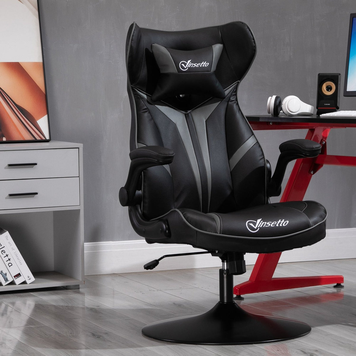 Swivel Chair Gaming Chair With Rocker Function Ergonomic Height Adjustable With Rocker Function Steel Black + Gray 67 X 75 X 106-112 Cm