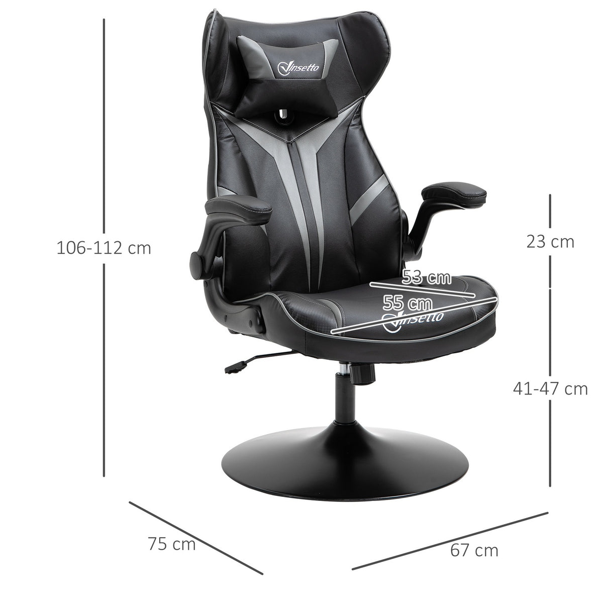 Swivel Chair Gaming Chair With Rocker Function Ergonomic Height Adjustable With Rocker Function Steel Black + Gray 67 X 75 X 106-112 Cm