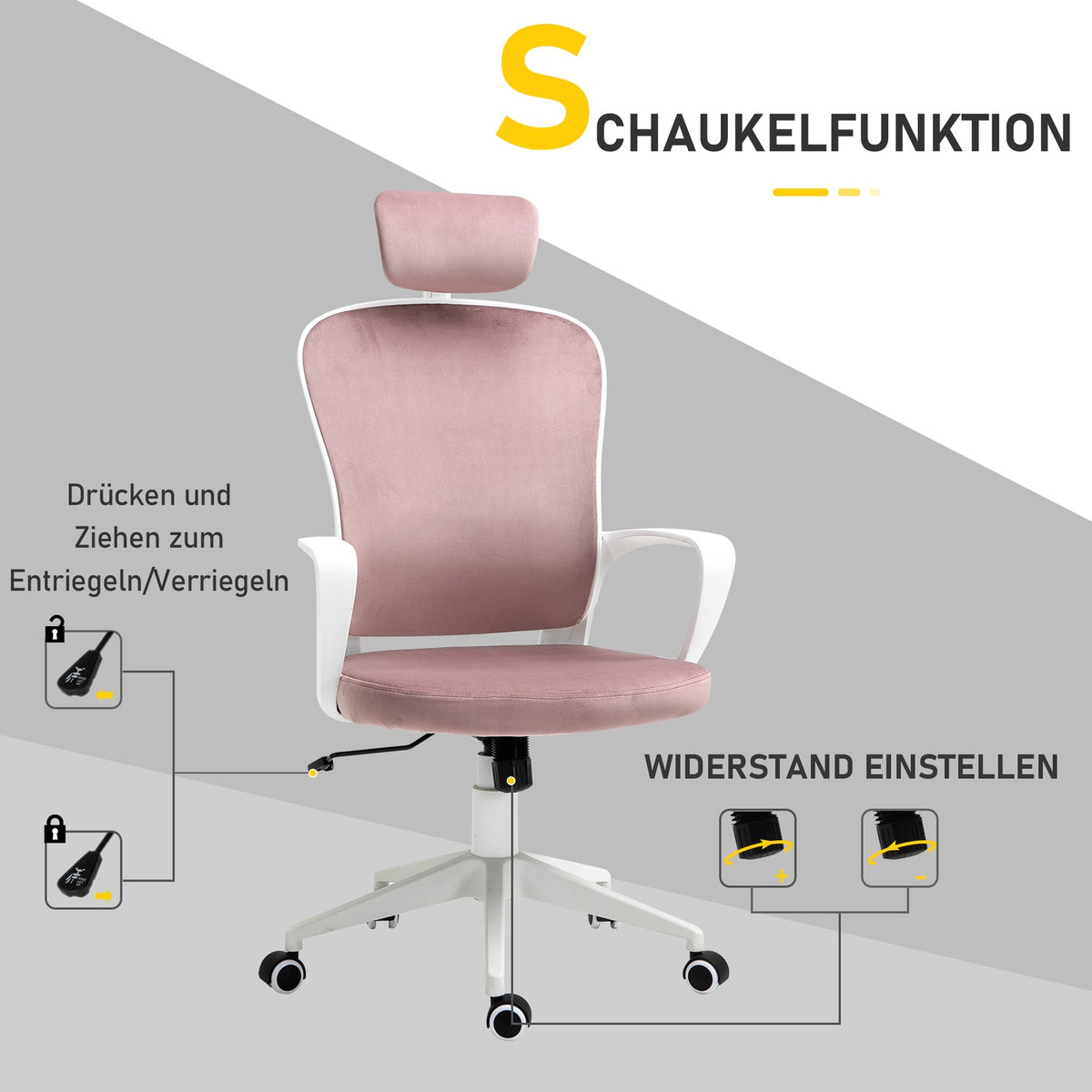 Swivel Chair Office Chair, Executive Chair, Ergonomic, Height Adjustable, Rocker Function, Armrest, Headrest, Pink, 63X64X118-128Cm