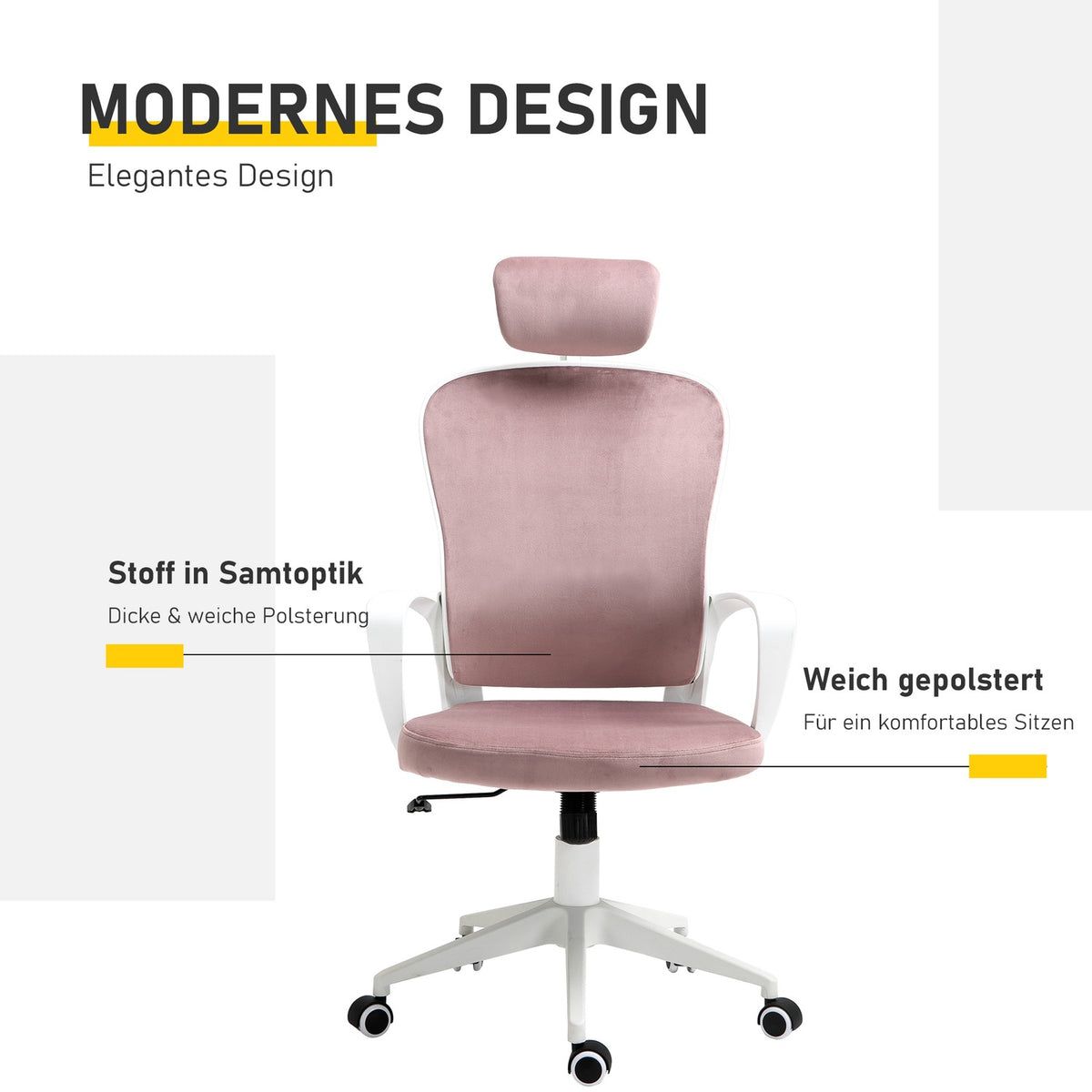 Swivel Chair Office Chair, Executive Chair, Ergonomic, Height Adjustable, Rocker Function, Armrest, Headrest, Pink, 63X64X118-128Cm