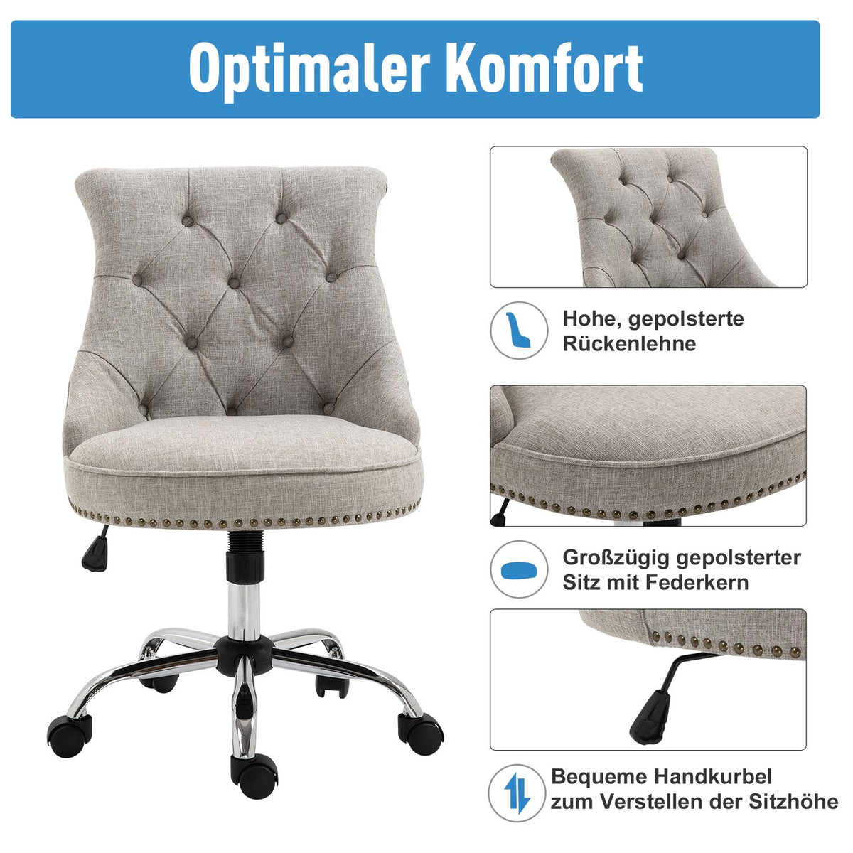 Swivel Chair, Upholstered Chair, Executive Chair With Wheels, 360° Rotatable, Height Adjustable, Linen, Metal, Light Gray, 54X65.5X(84-91)Cm