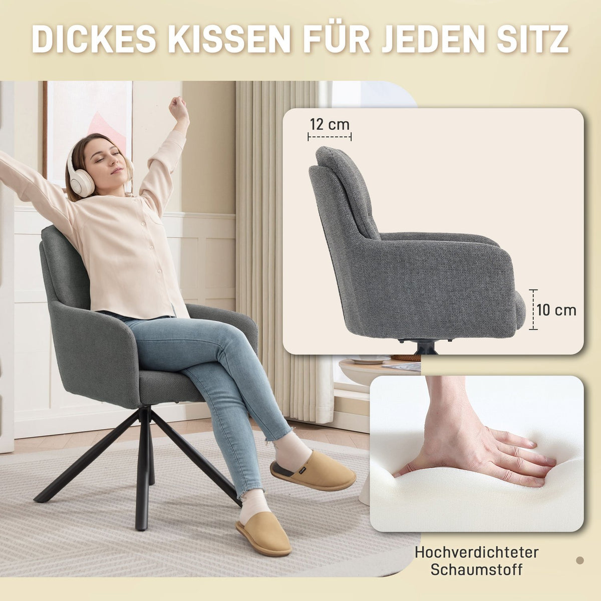 Swivel Dining Chair, Grey, Padded Seat & Armrests