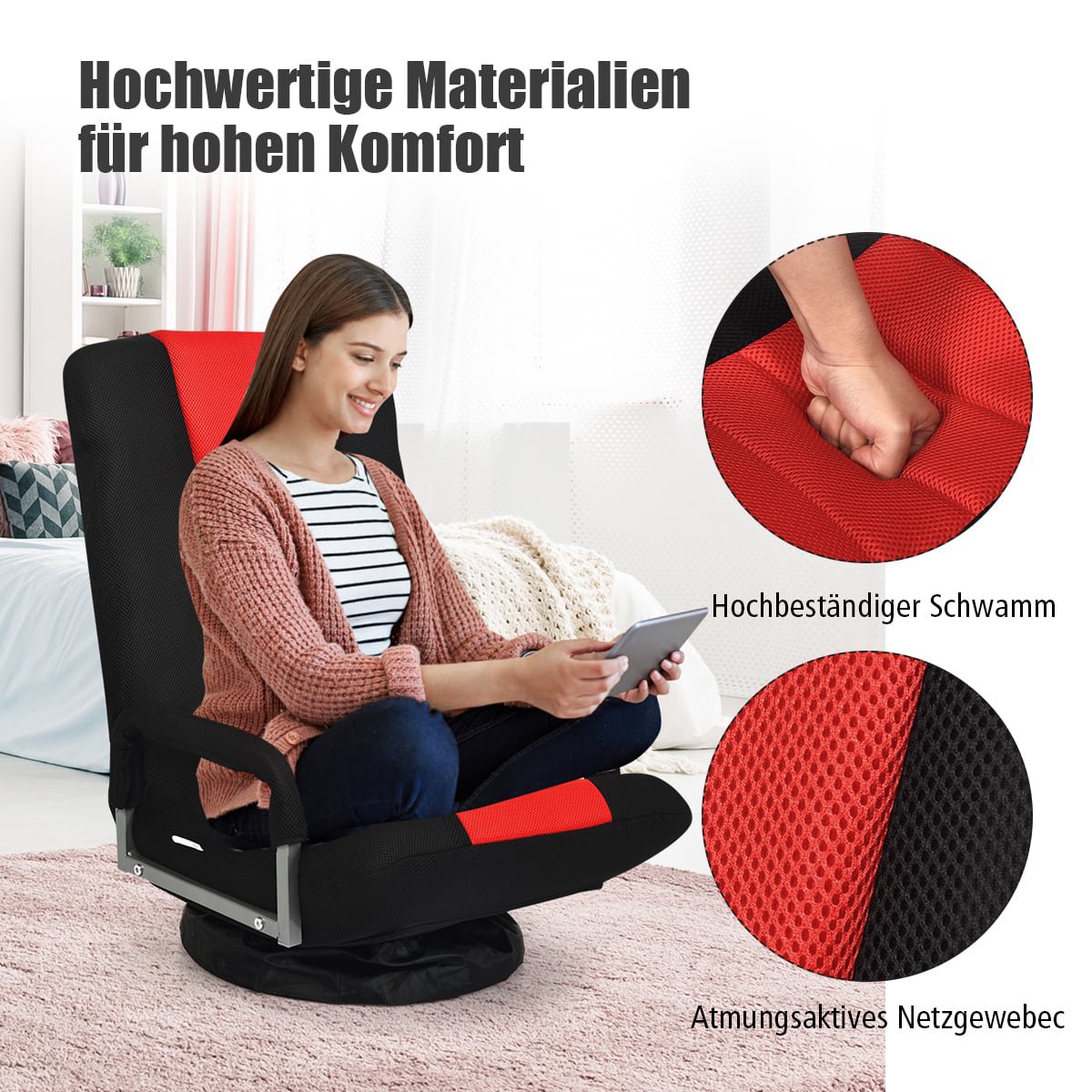 Swivel Floor Chair with Adjustable Backrest, Red