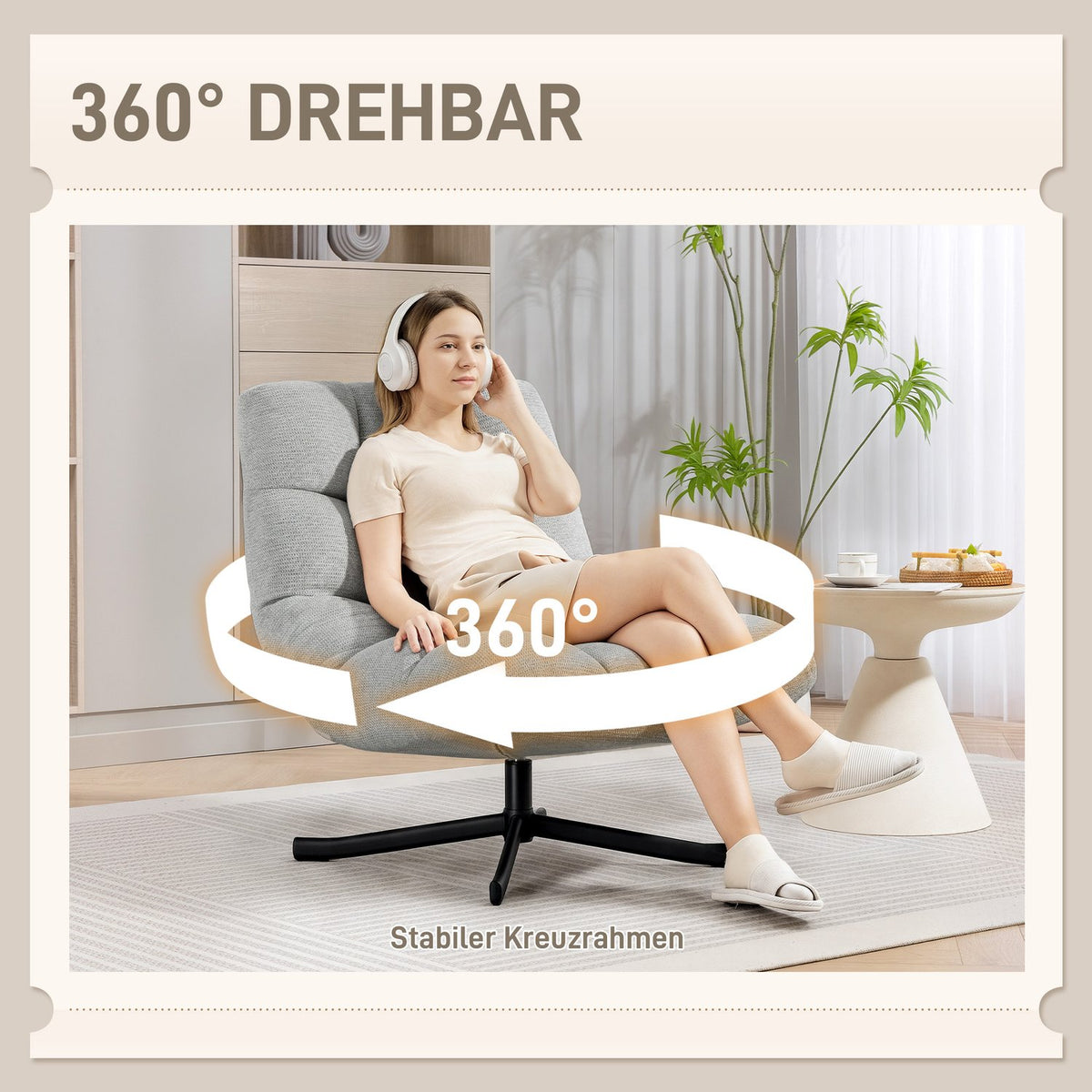 Swivel Lounge Chair, Wide Seat, Water-Resistant Chenille, Light Grey