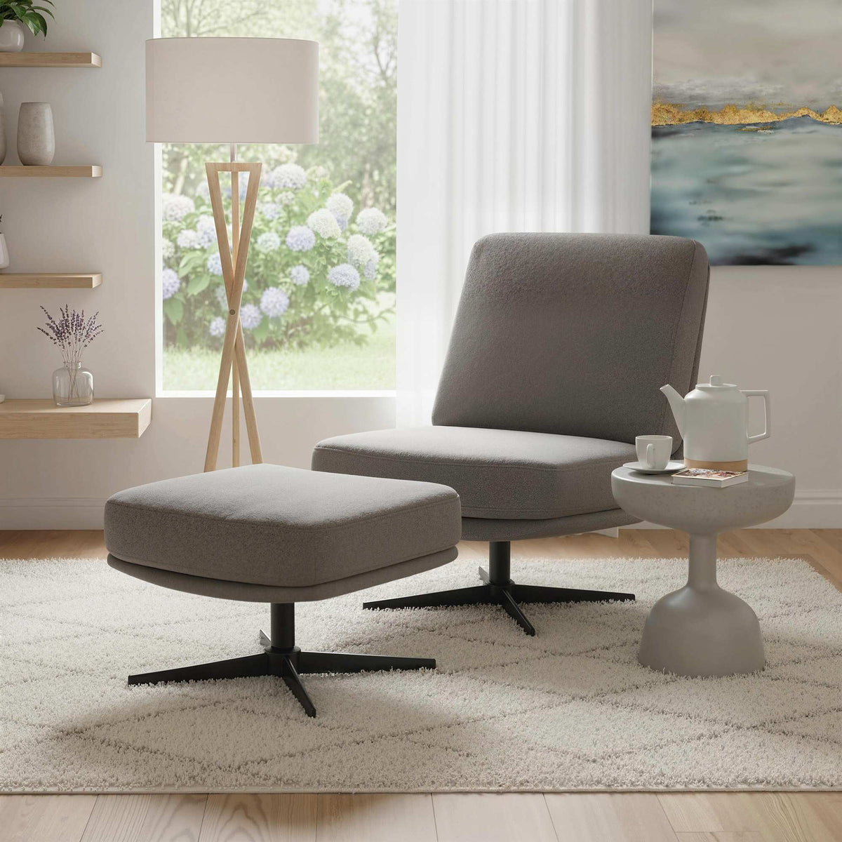 Swivel Lounge Chair with Ottoman, Dark Grey Linen-Look