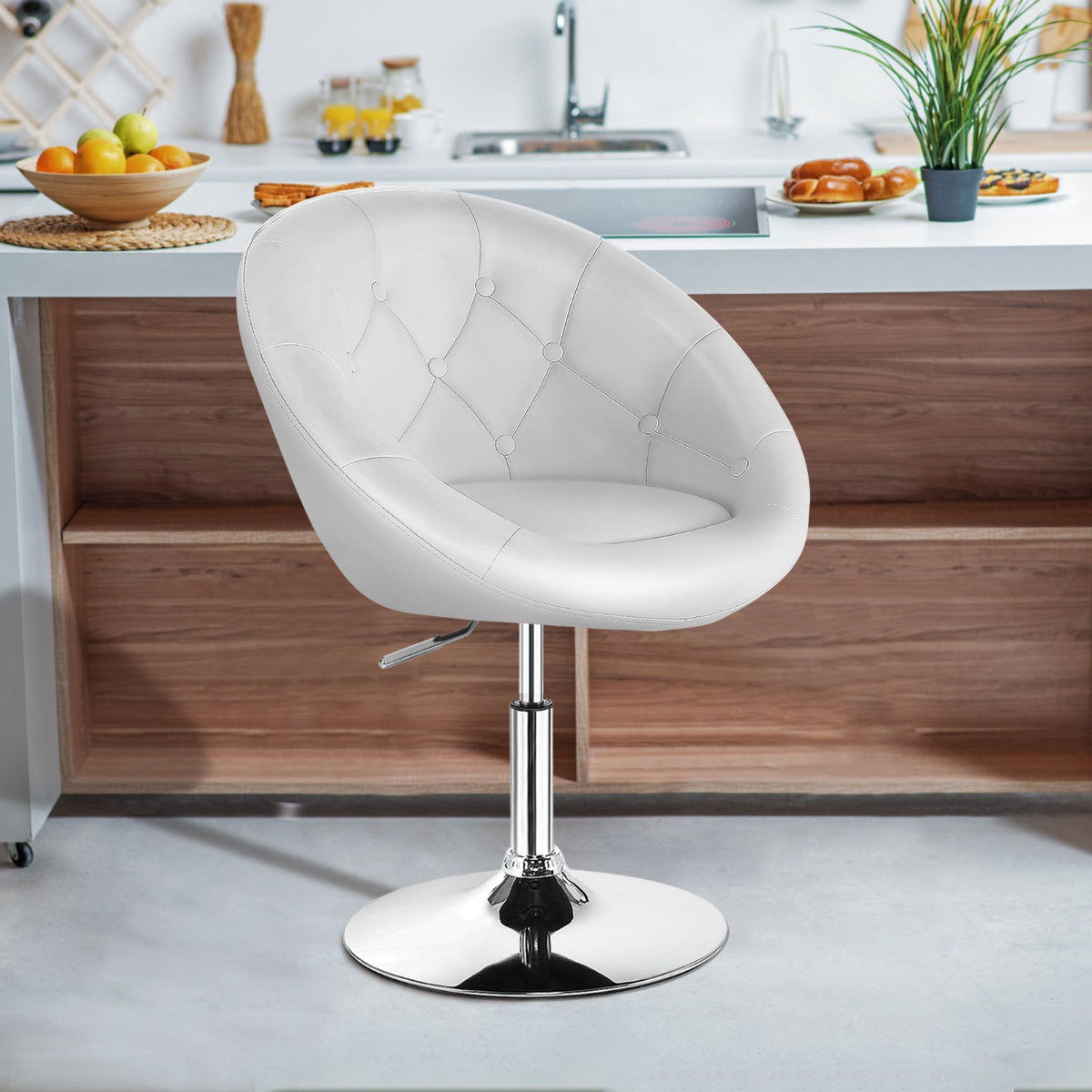 Swivel Makeup Chair, PU Leather, Chrome Base, White