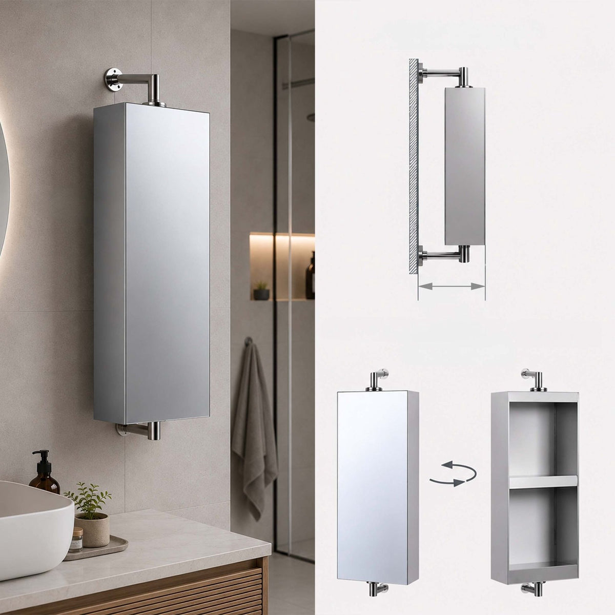 Swivel Mirror Cabinet, Stainless Steel, Wall-Mounted