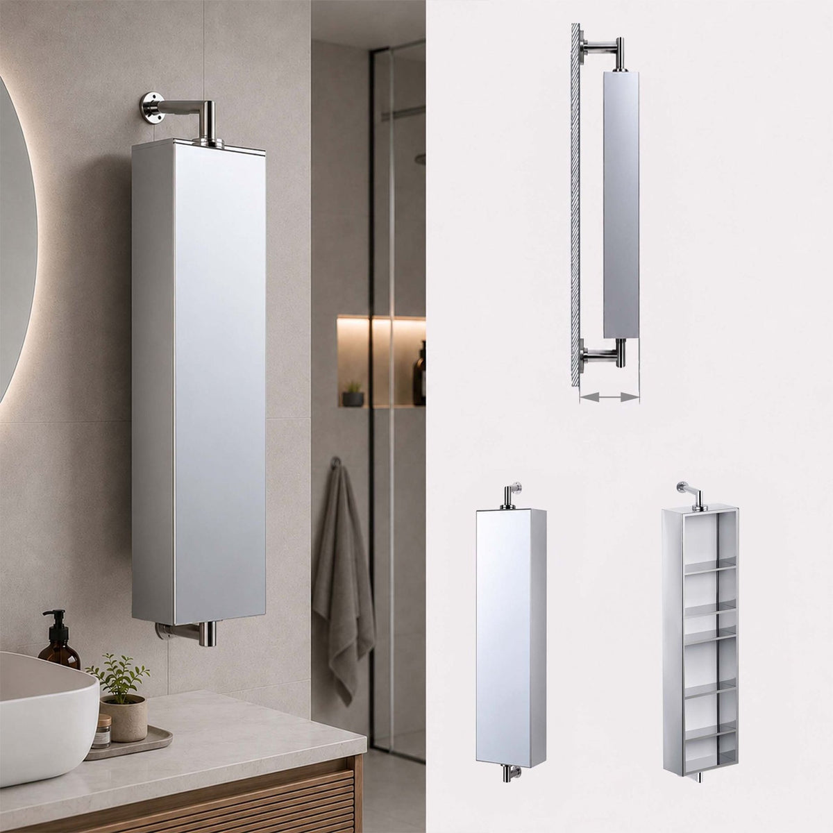 Swivel Mirror Cabinet, Stainless Steel, Wall-Mounted