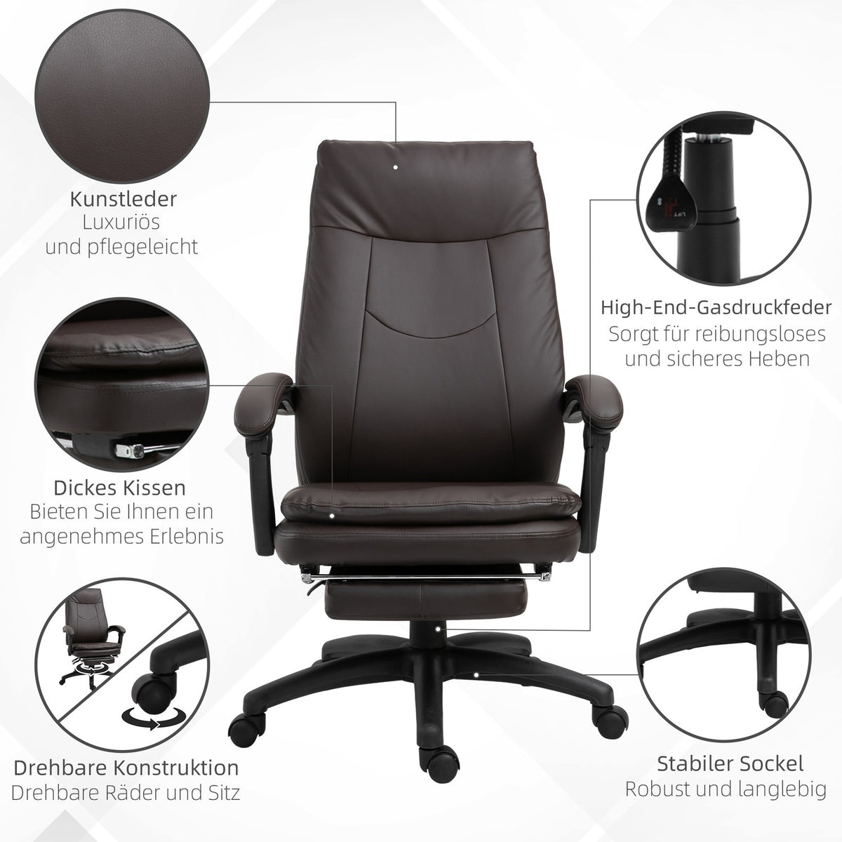 Swivel Office Chair, Executive Chair, Ergonomic With Footrest, Padded Backrest, Brown, 64X64X112-120Cm