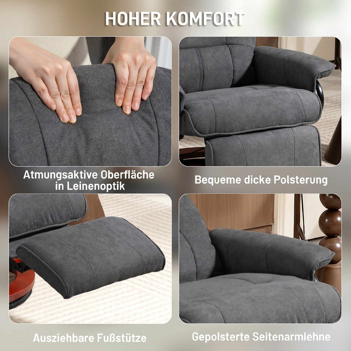Swivel Recliner Chair, Linen-Look, Footrest, Gray